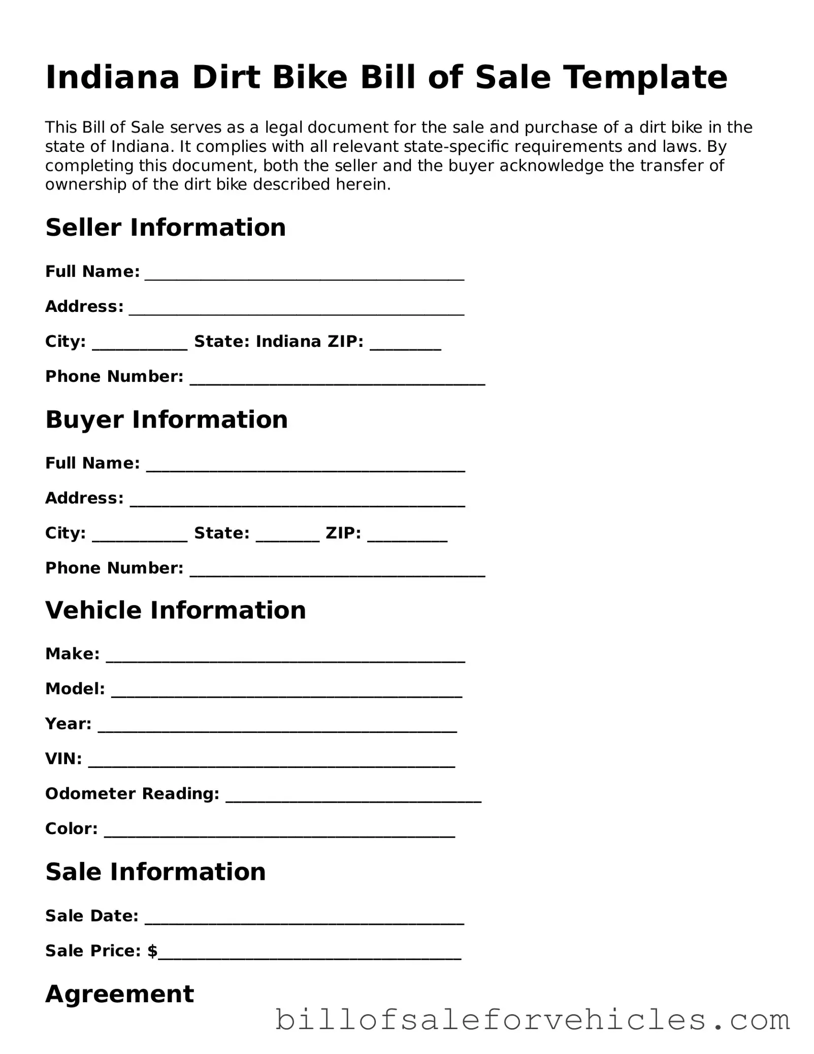 Valid Indiana Dirt Bike Bill of Sale Template