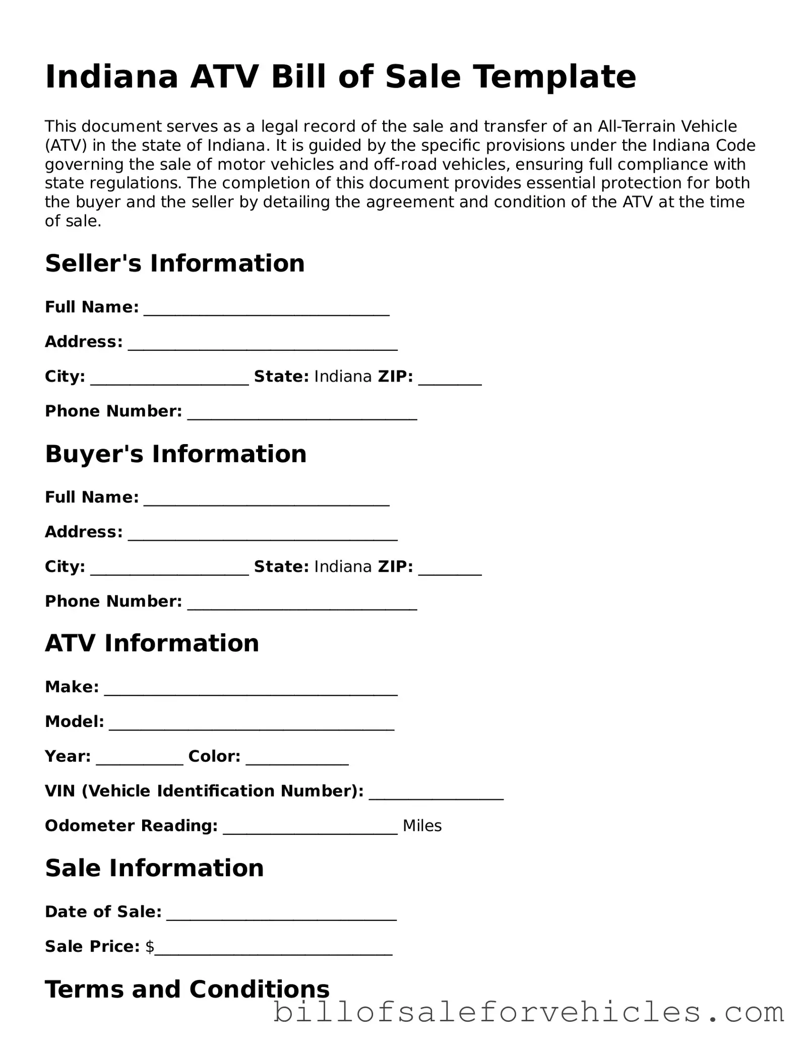 Valid Indiana ATV Bill of Sale Template