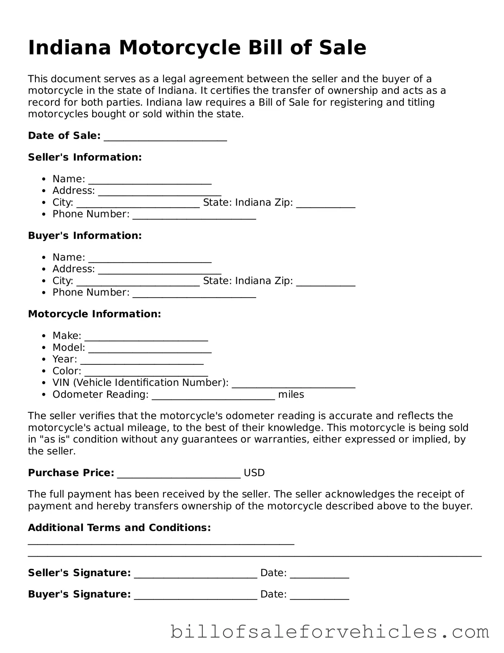 Valid Indiana Motorcycle Bill of Sale Template