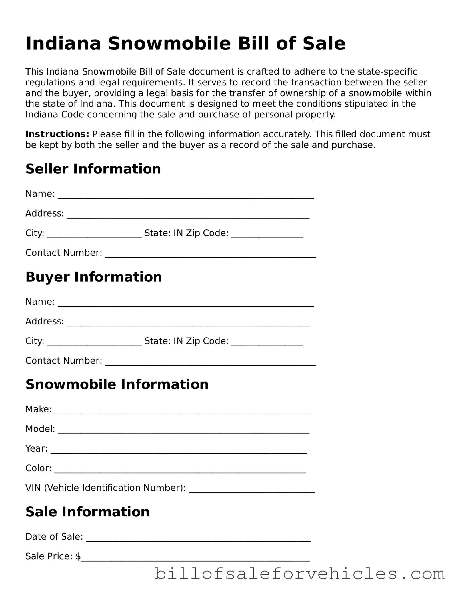 Valid Indiana Snowmobile Bill of Sale Template