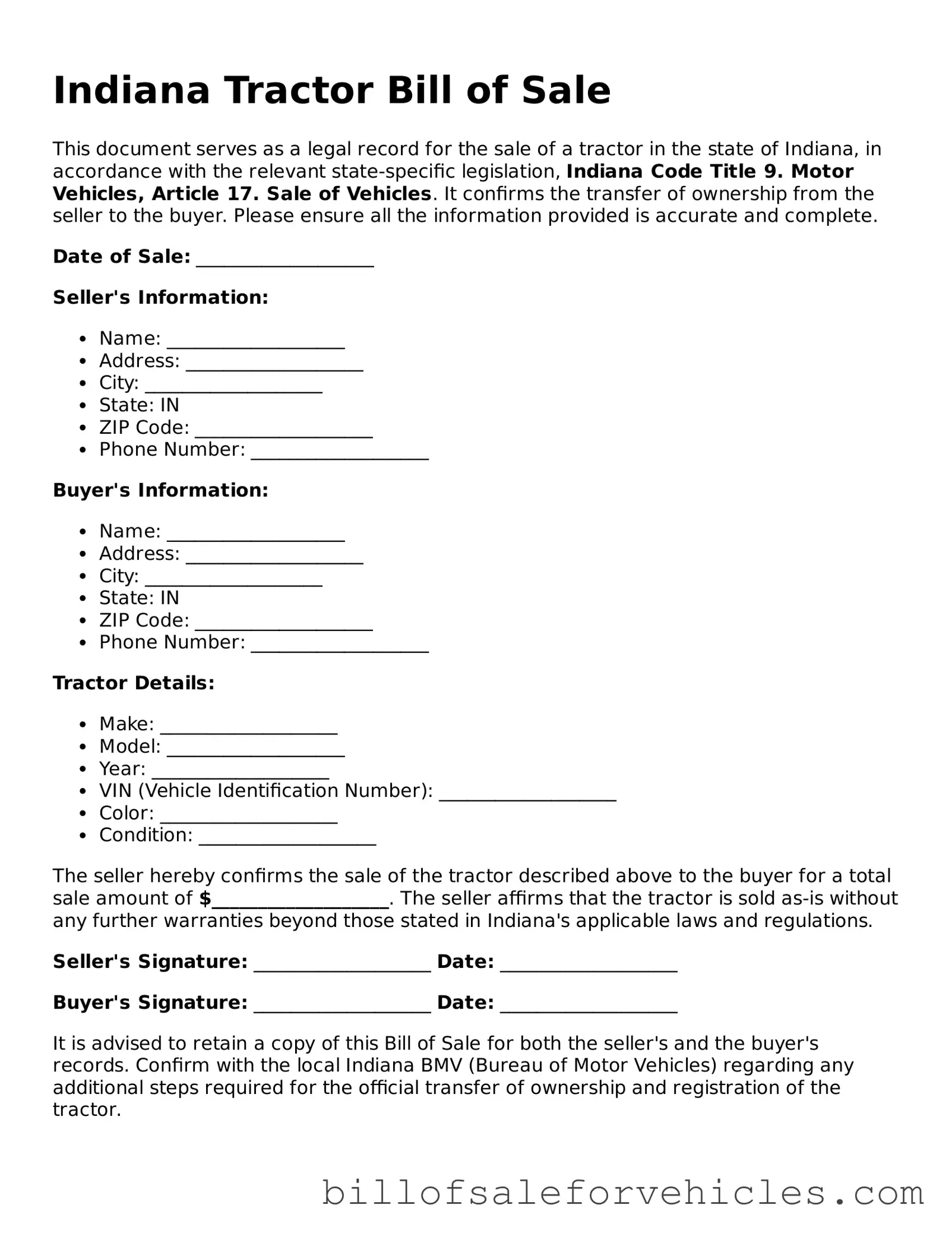Valid Indiana Tractor Bill of Sale Template