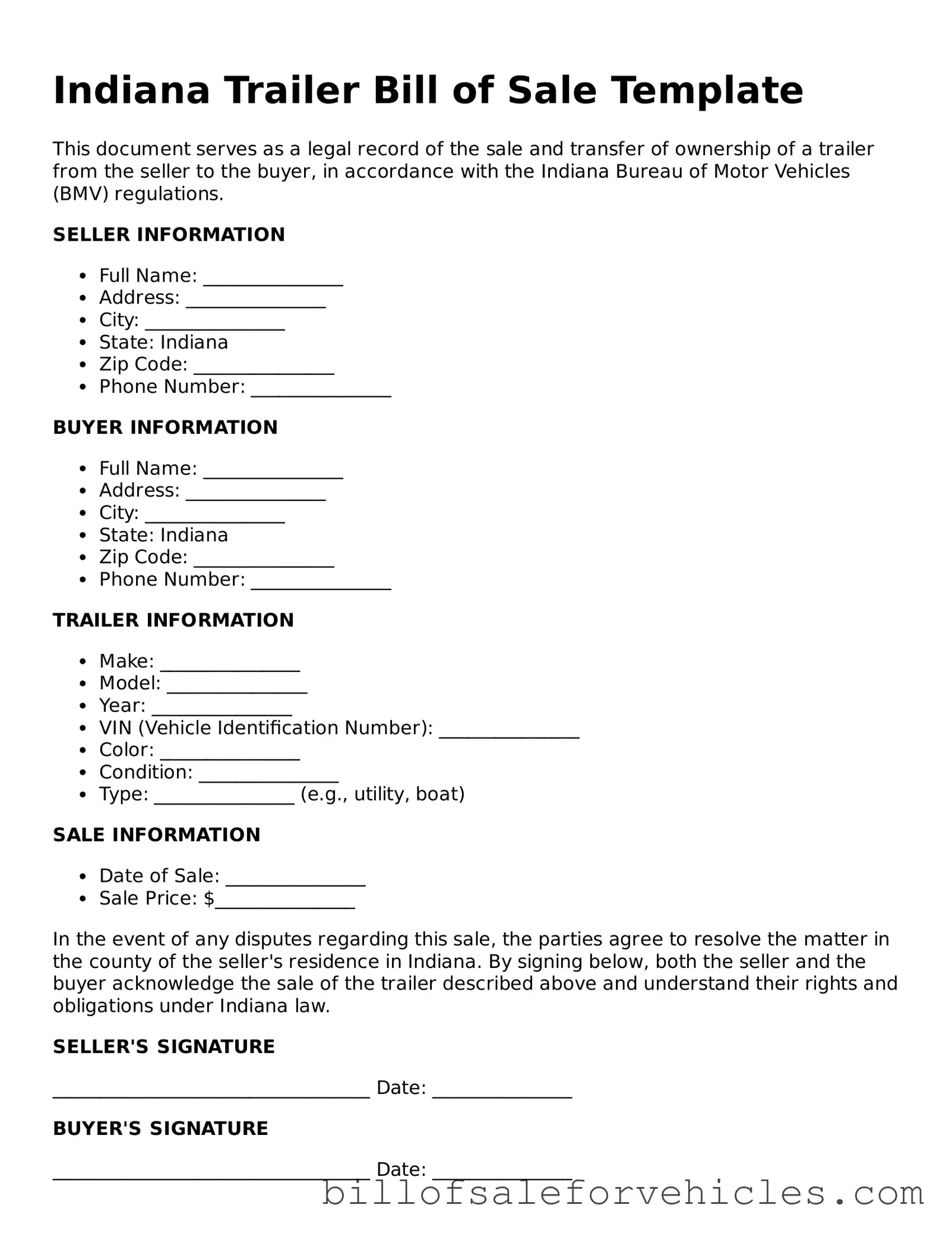 Valid Indiana Trailer Bill of Sale Template