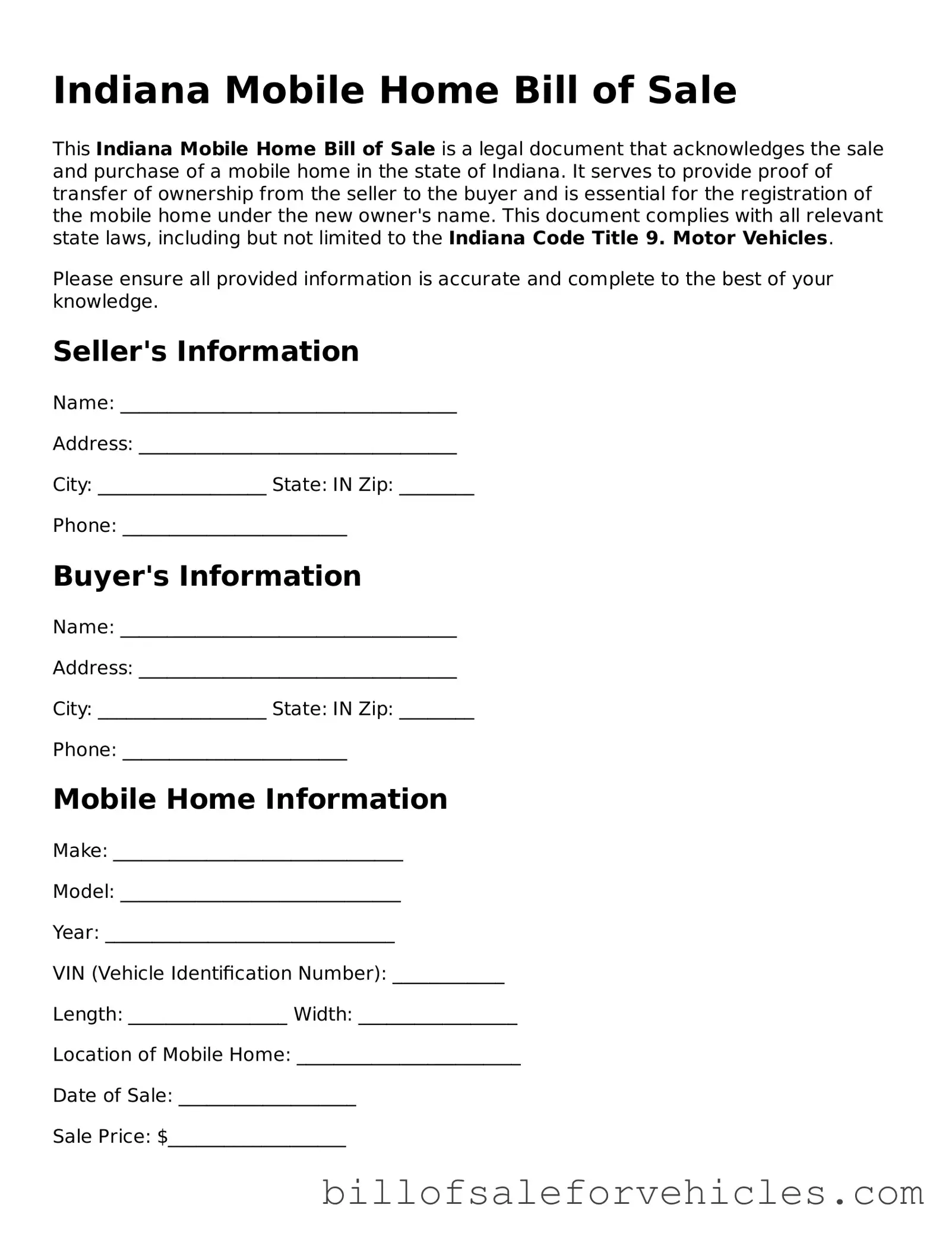 Valid Indiana Mobile Home Bill of Sale Template