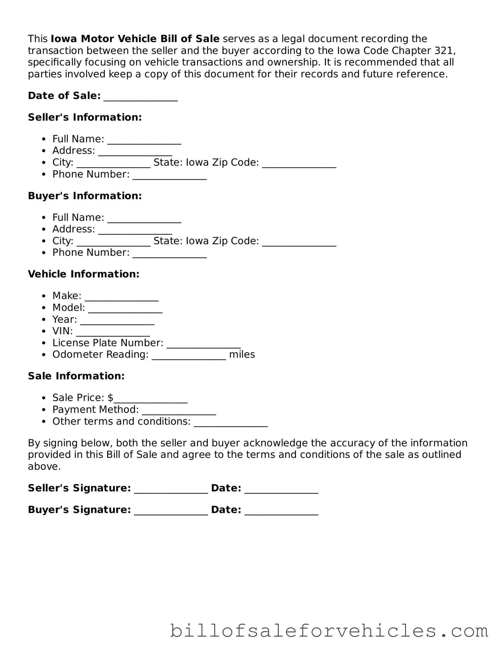 Valid Iowa Motor Vehicle Bill of Sale Template