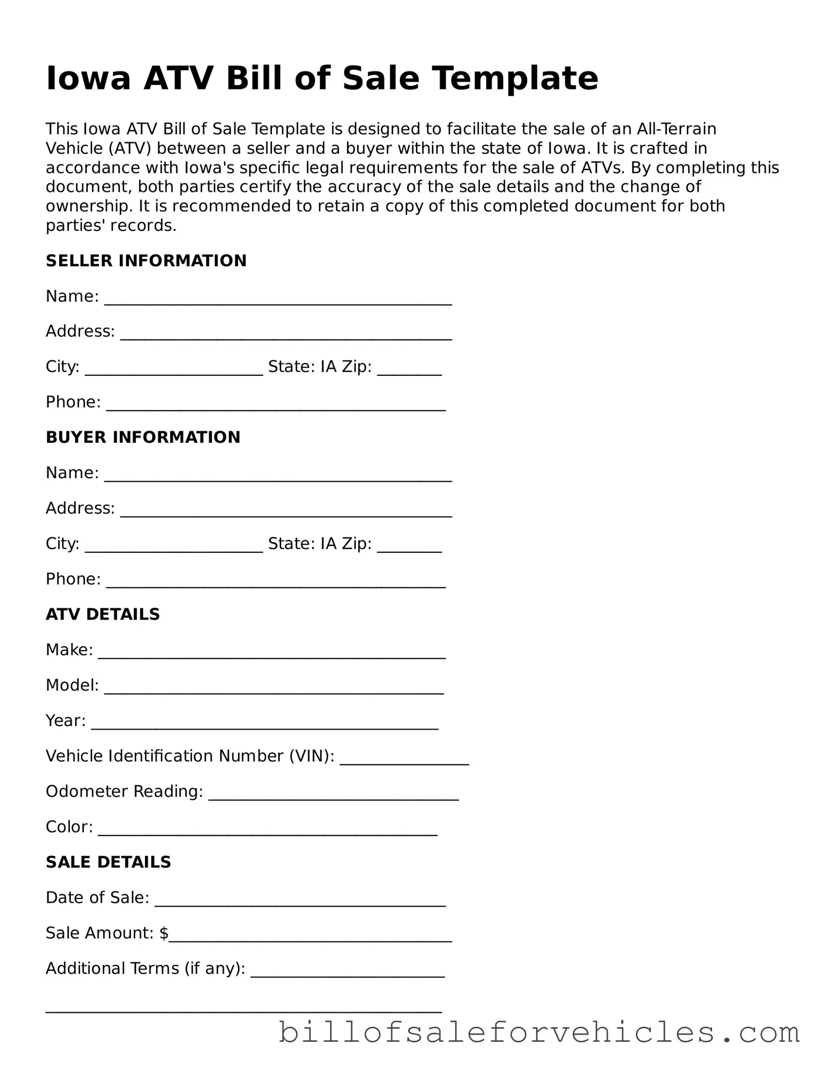 Valid Iowa ATV Bill of Sale Template