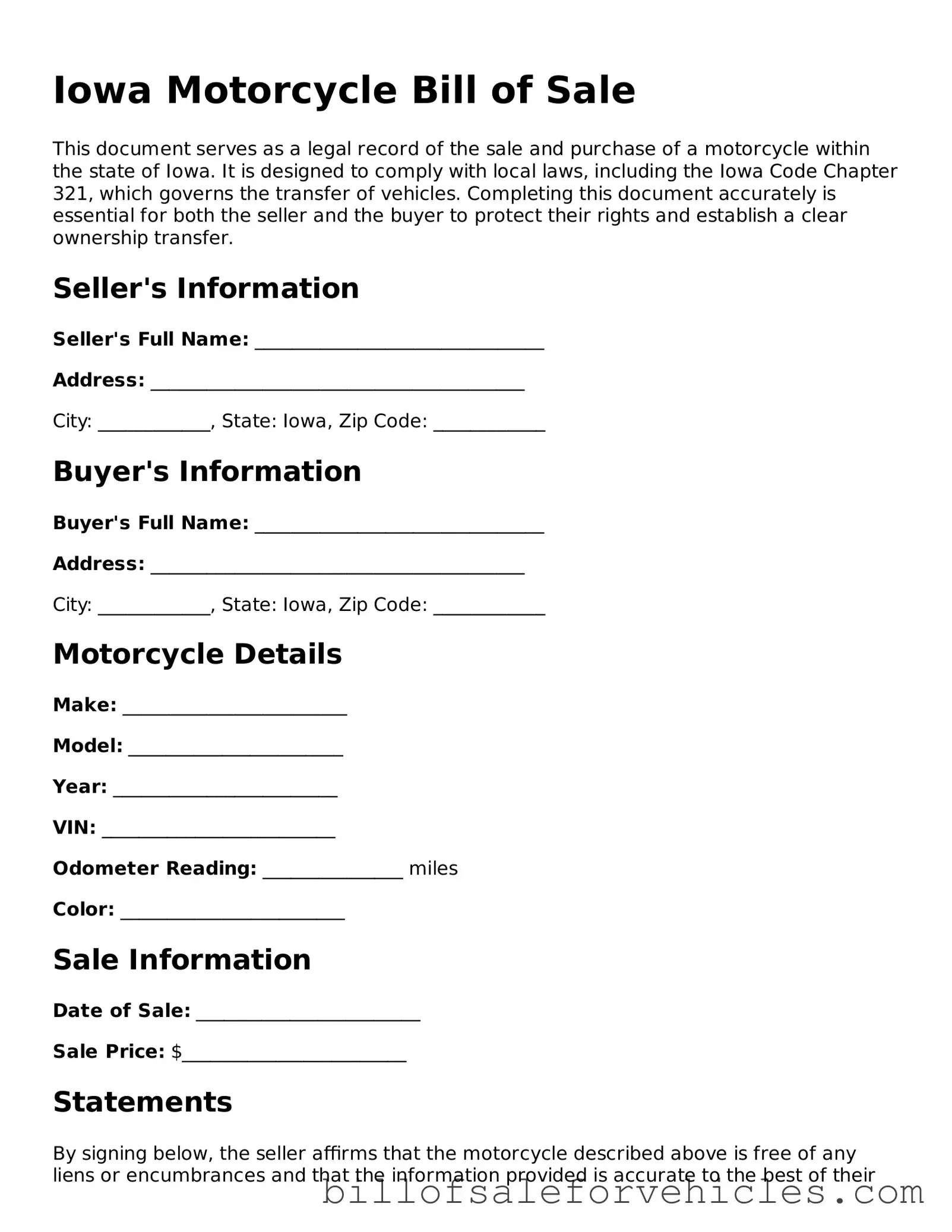 Valid Iowa Motorcycle Bill of Sale Template