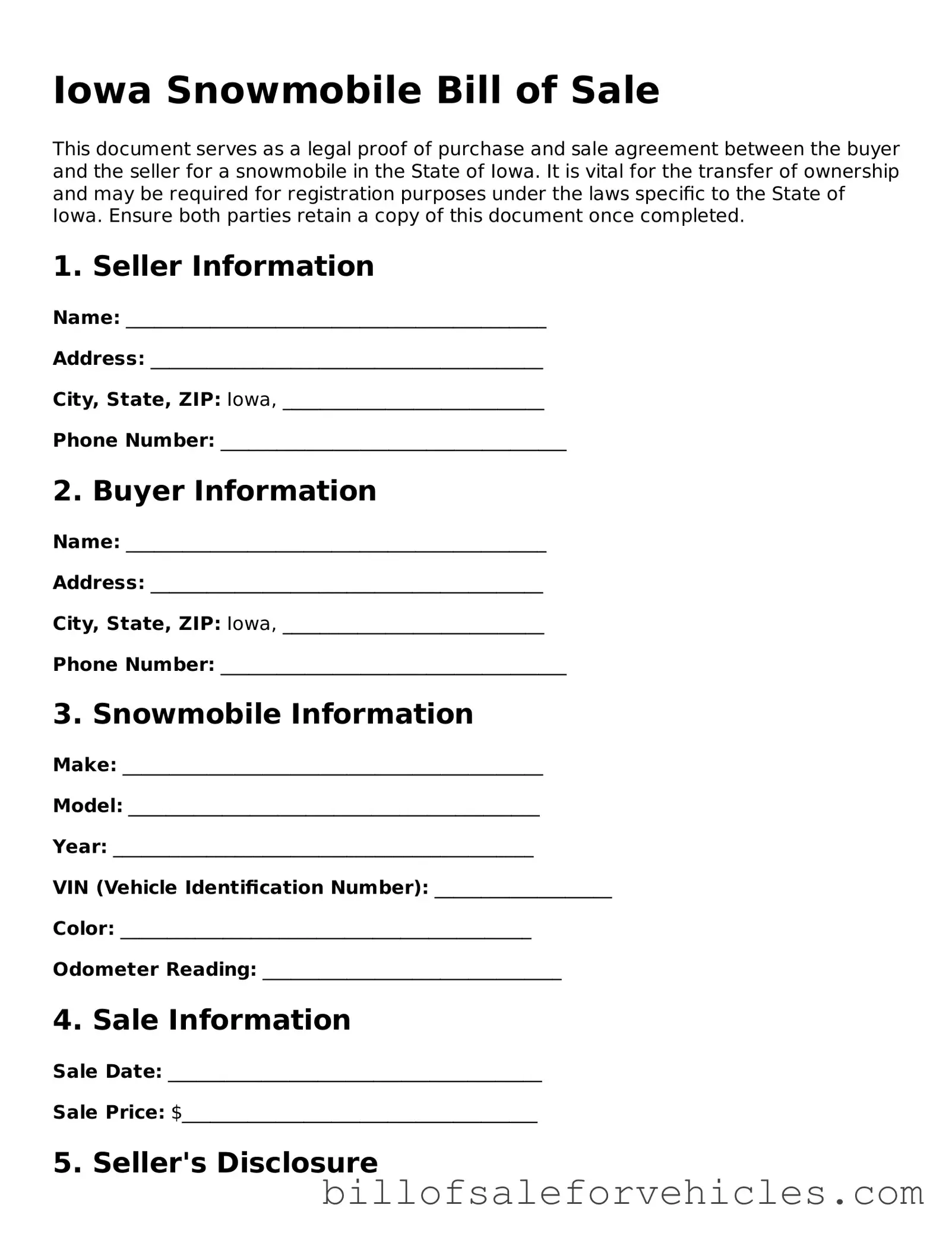 Valid Iowa Snowmobile Bill of Sale Template