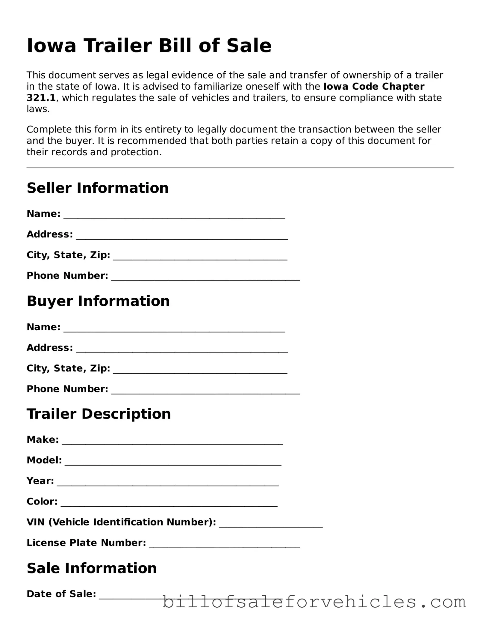 Valid Iowa Trailer Bill of Sale Template