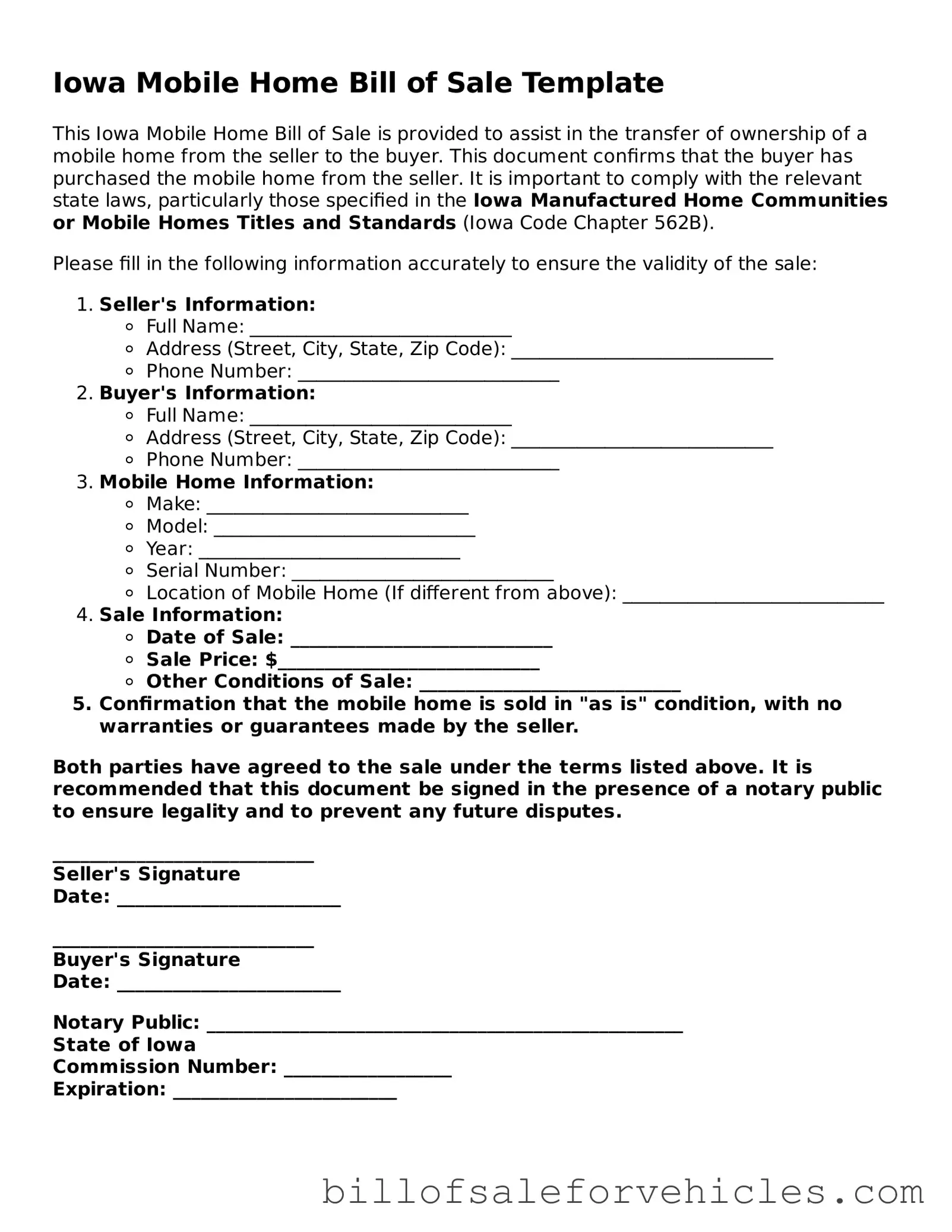 Valid Iowa Mobile Home Bill of Sale Template