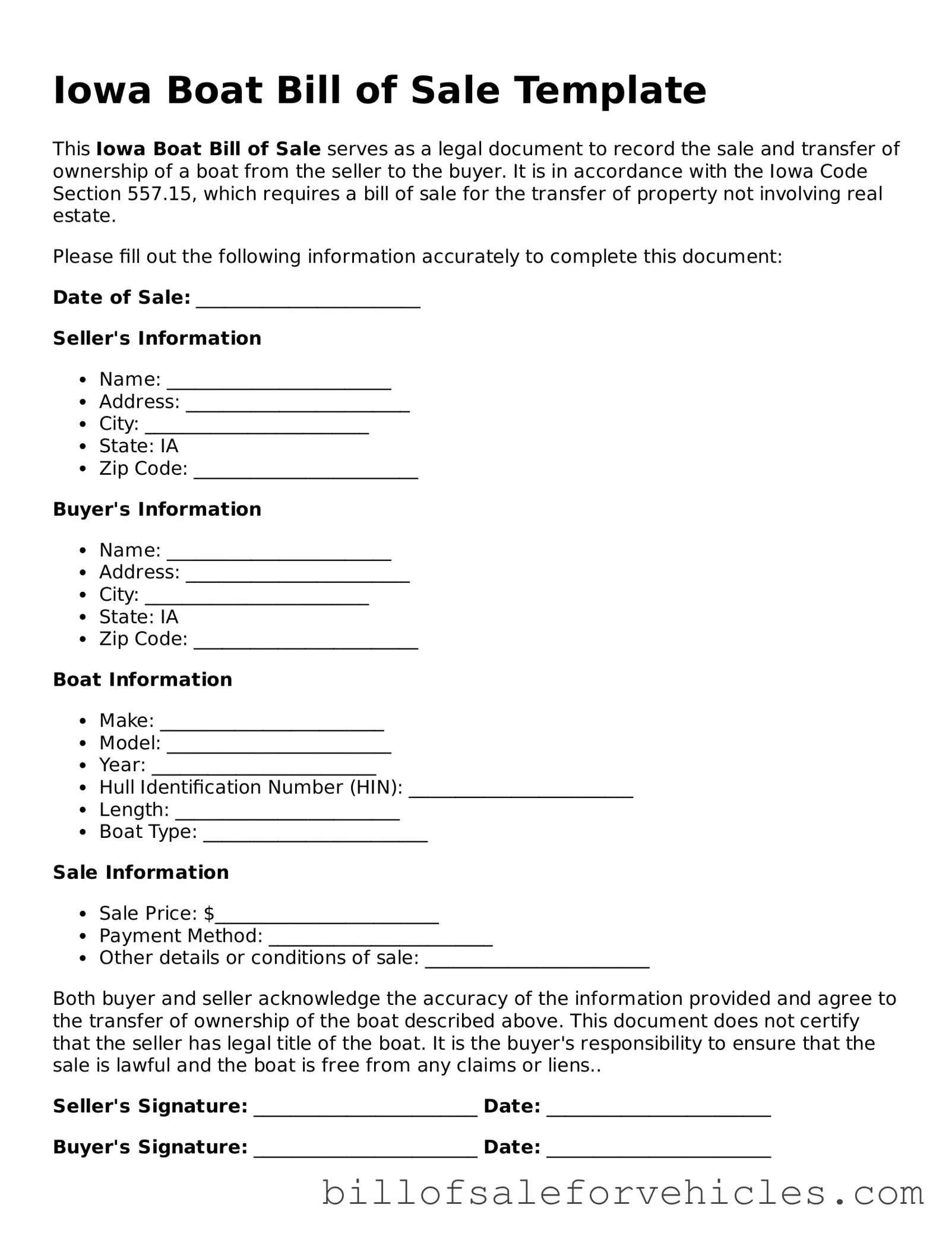 Valid Iowa Boat Bill of Sale Template