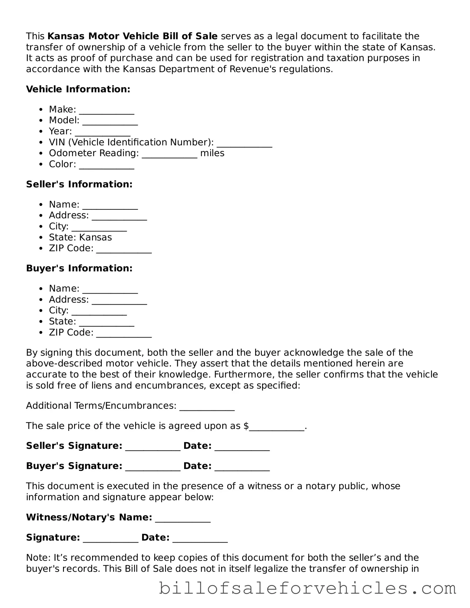 Valid Kansas Motor Vehicle Bill of Sale Template