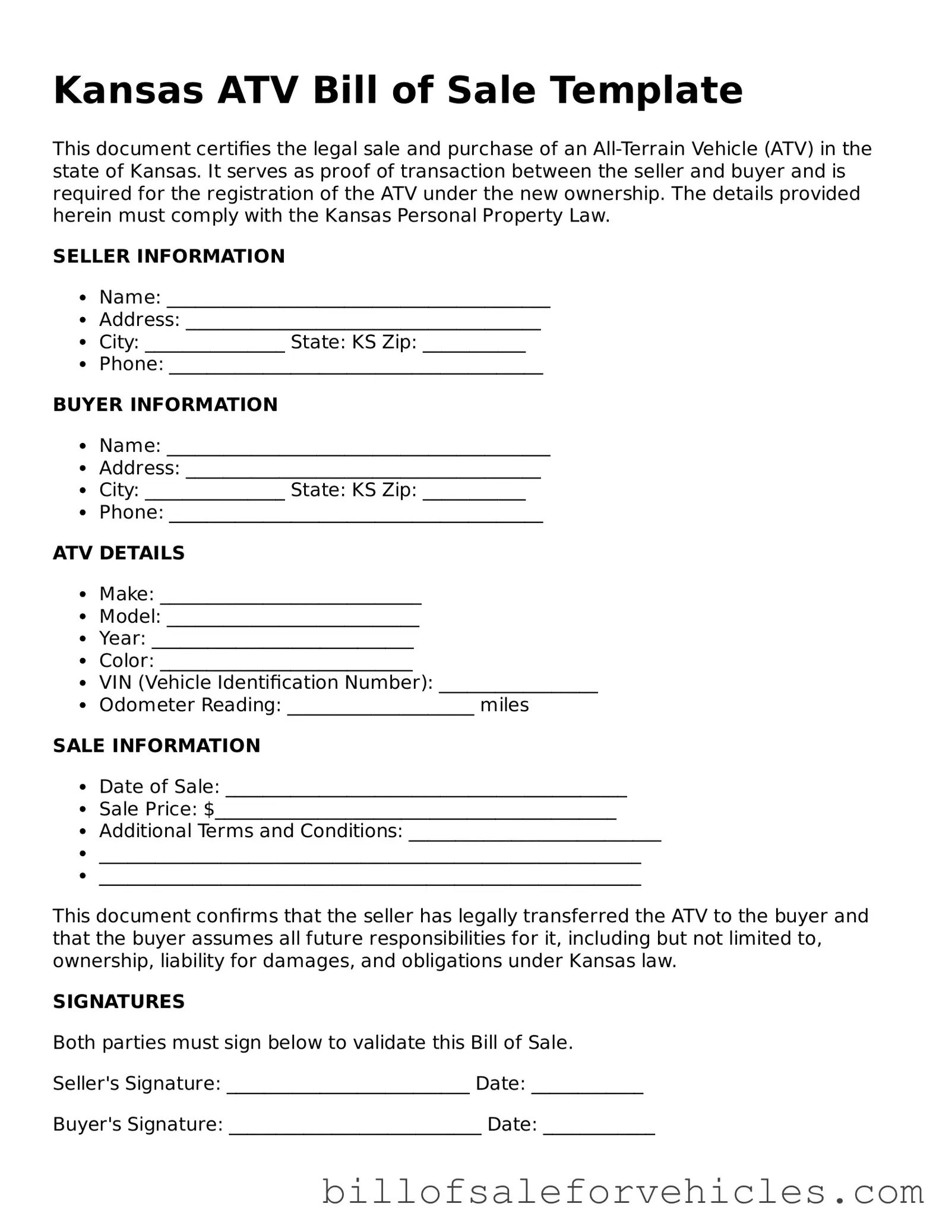 Valid Kansas ATV Bill of Sale Template