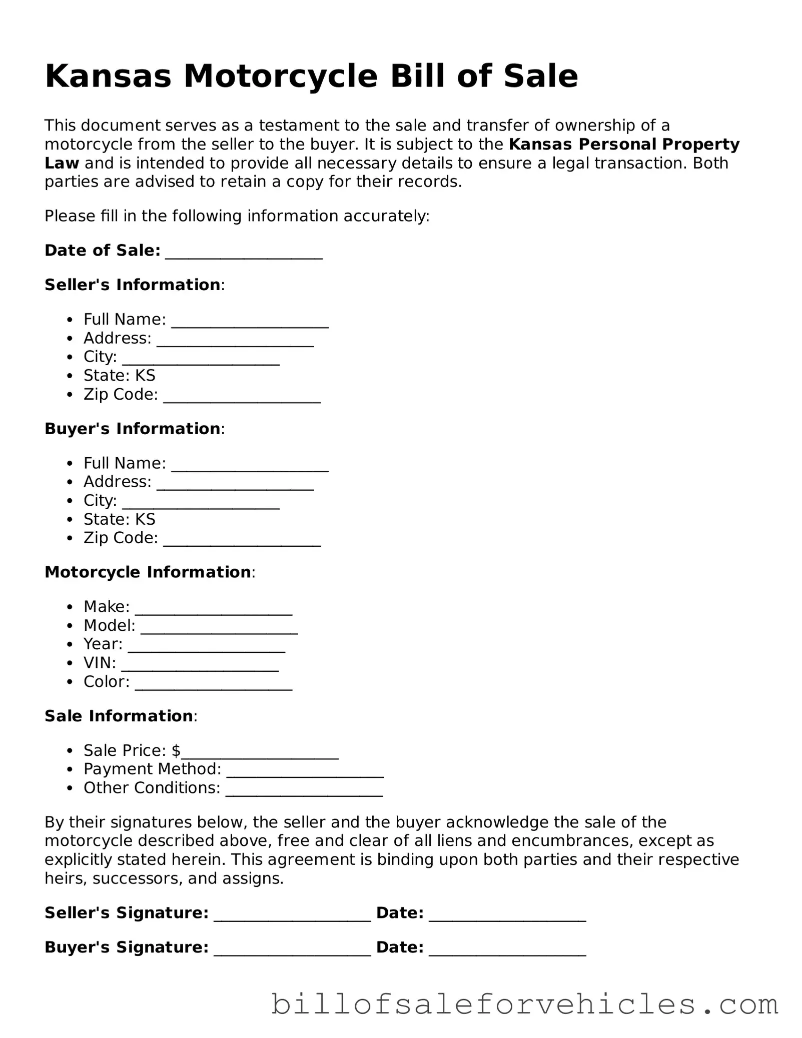 Valid Kansas Motorcycle Bill of Sale Template