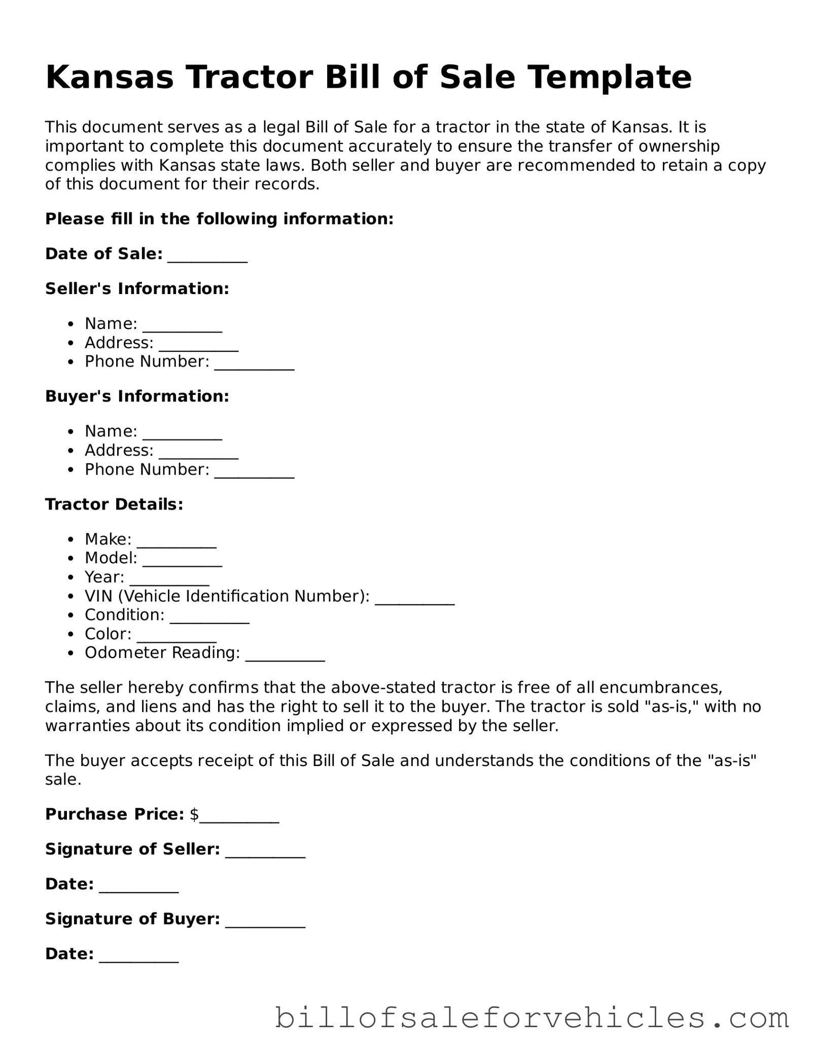 Valid Kansas Tractor Bill of Sale Template
