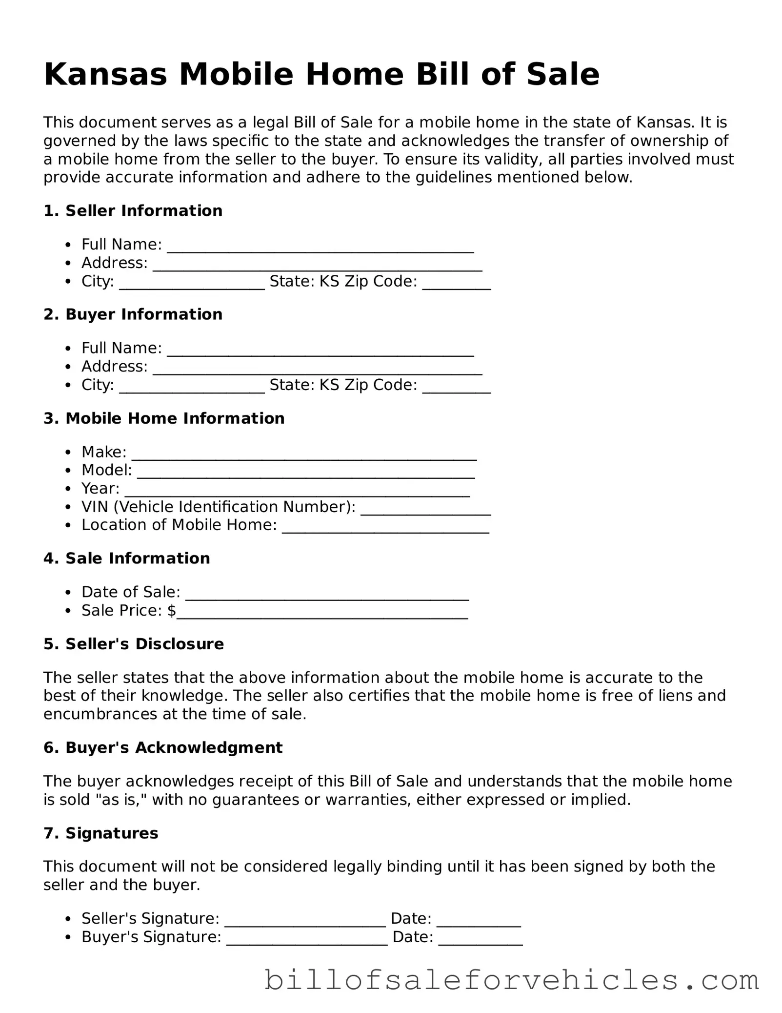 Valid Kansas Mobile Home Bill of Sale Template