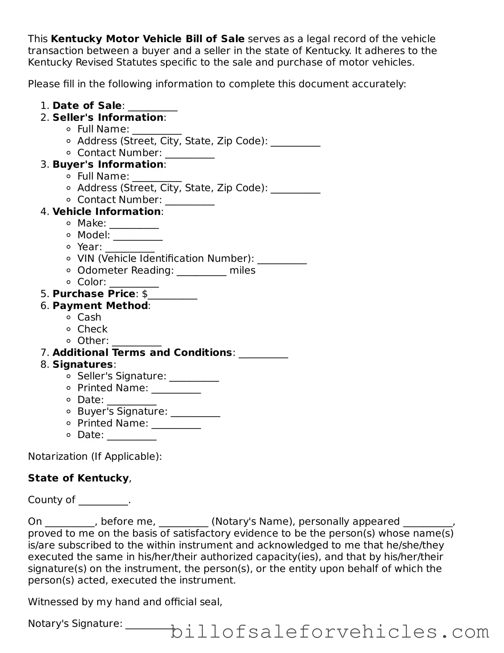 Valid Kentucky Motor Vehicle Bill of Sale Template