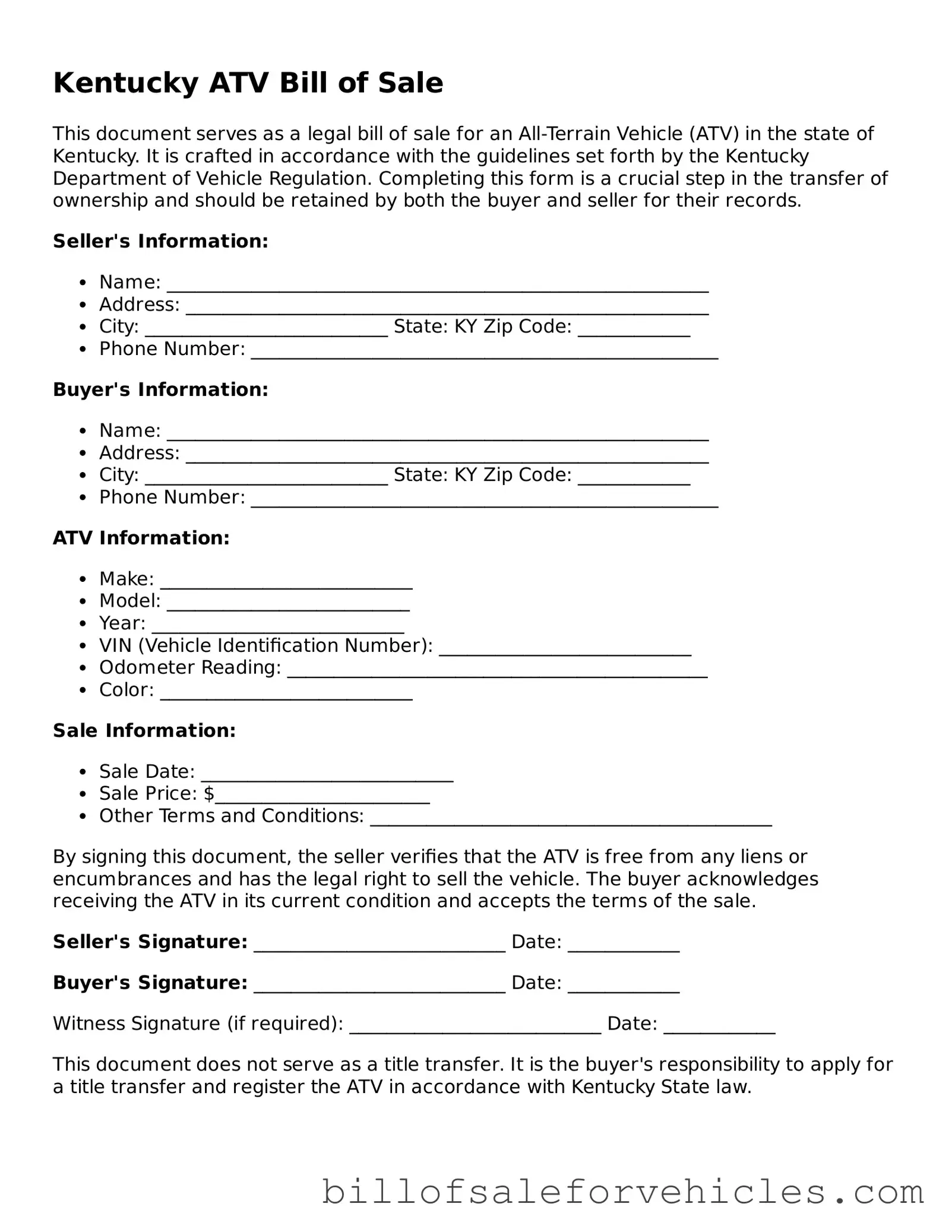Valid Kentucky ATV Bill of Sale Template