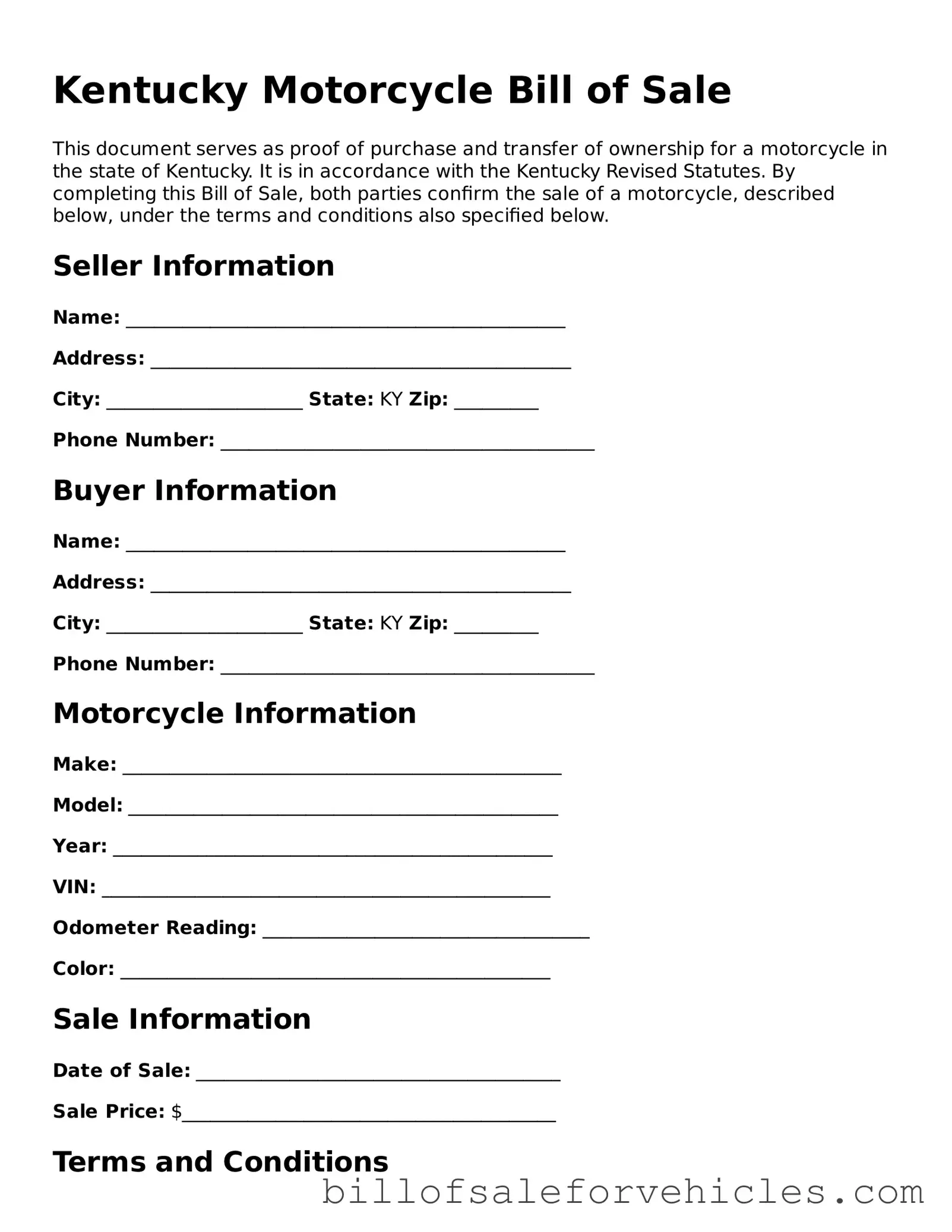 Valid Kentucky Motorcycle Bill of Sale Template