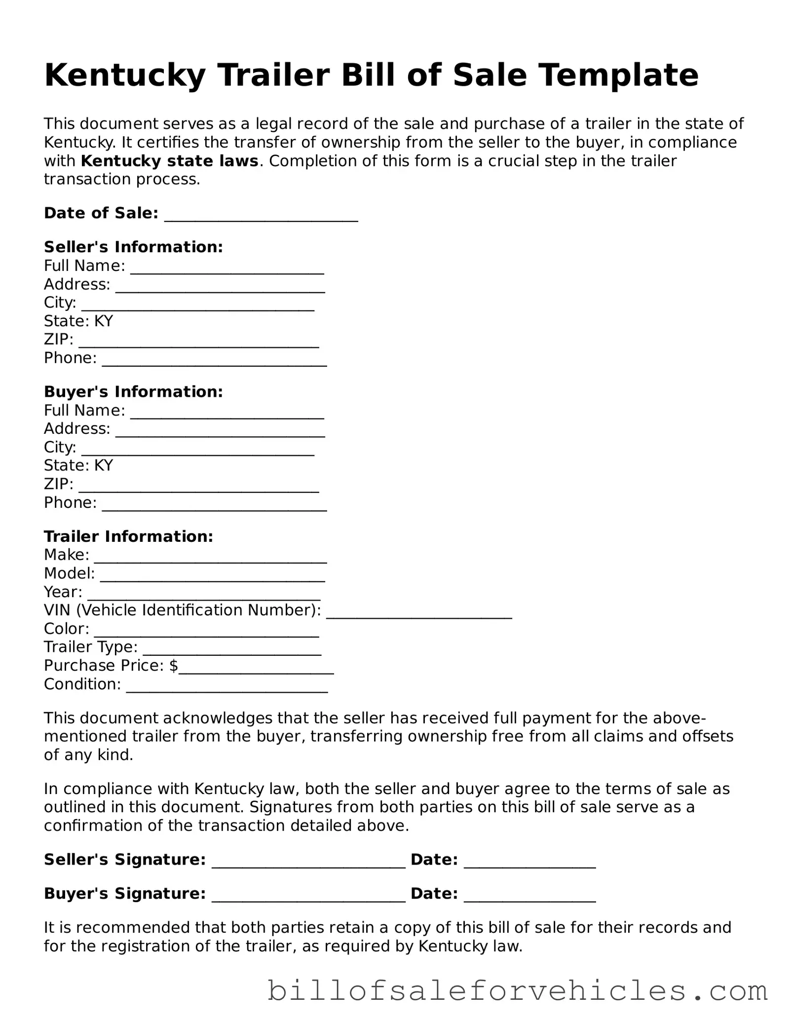 Valid Kentucky Trailer Bill of Sale Template