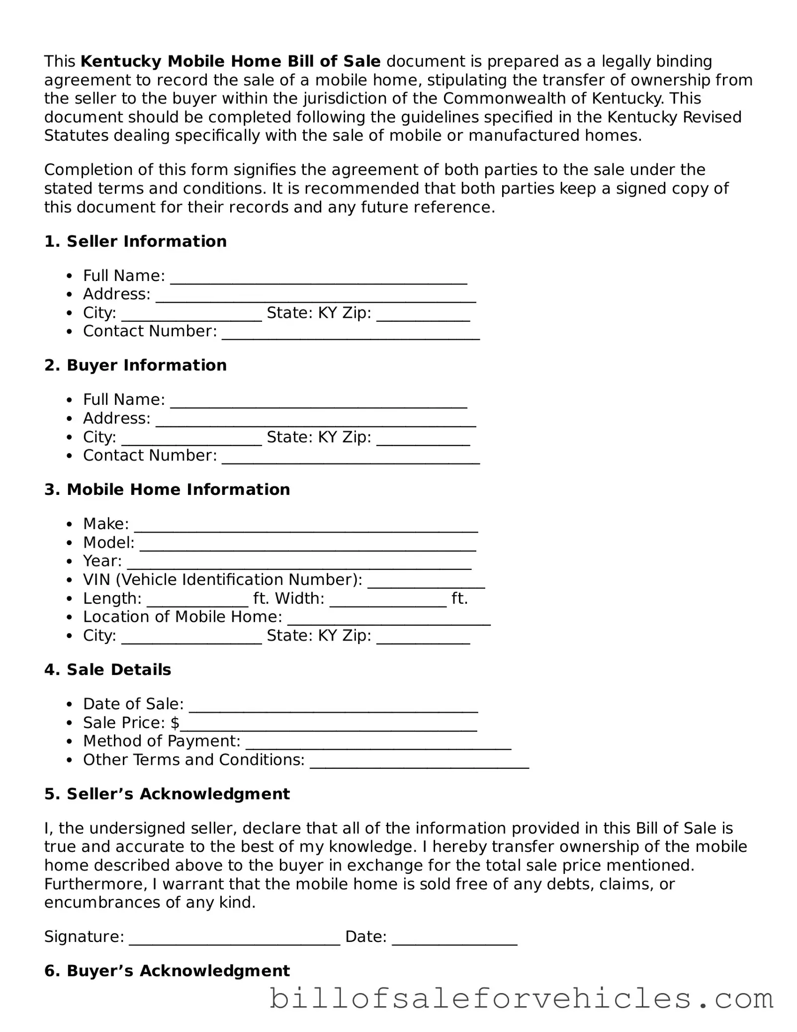 Valid Kentucky Mobile Home Bill of Sale Template