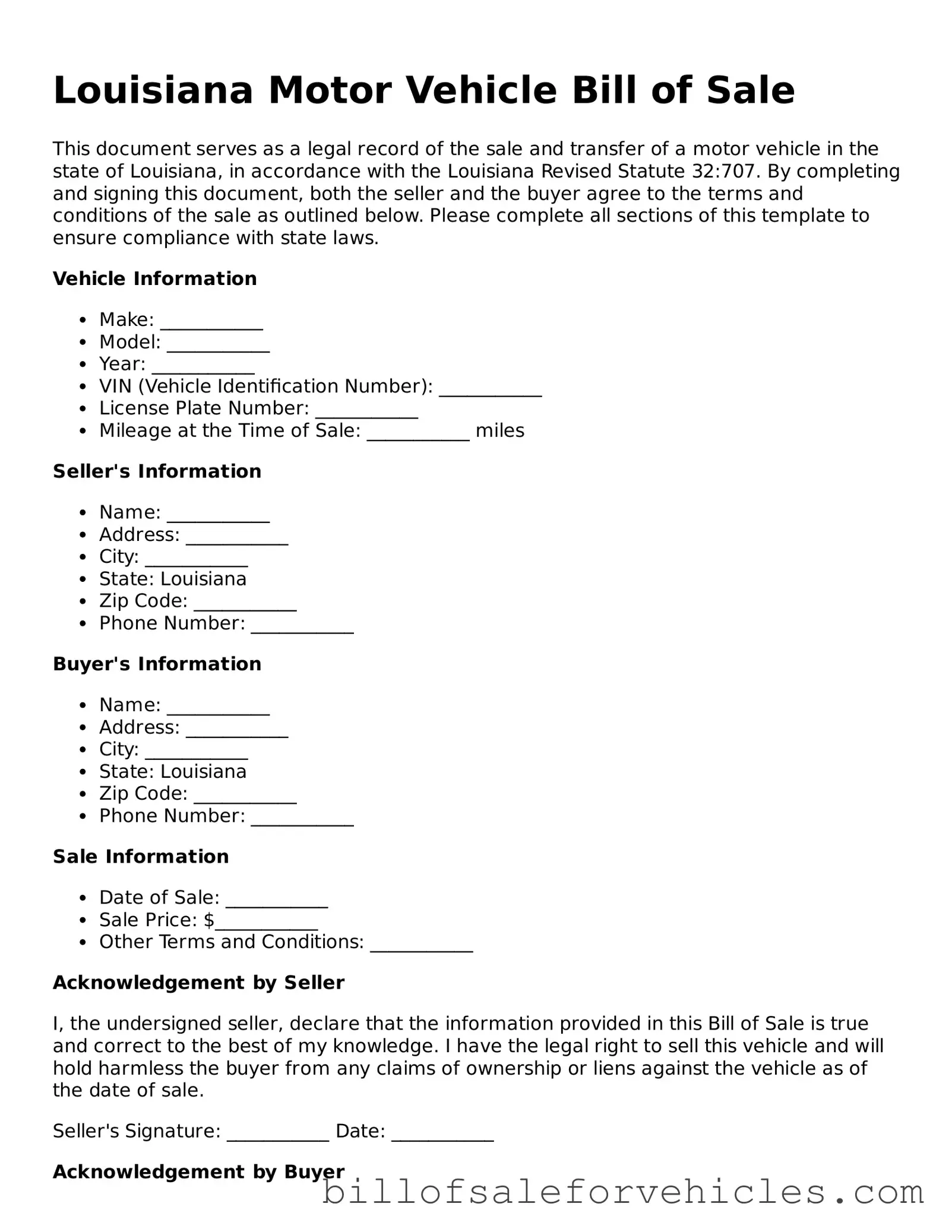 Valid Louisiana Motor Vehicle Bill of Sale Template