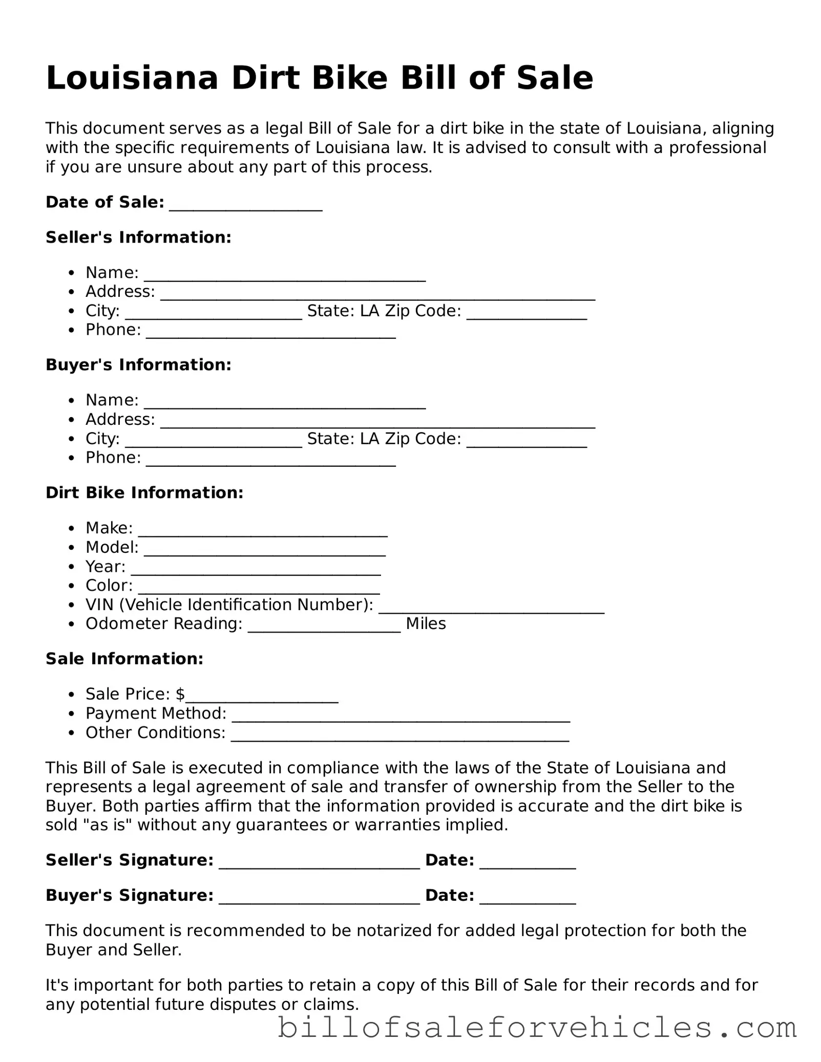 Valid Louisiana Dirt Bike Bill of Sale Template