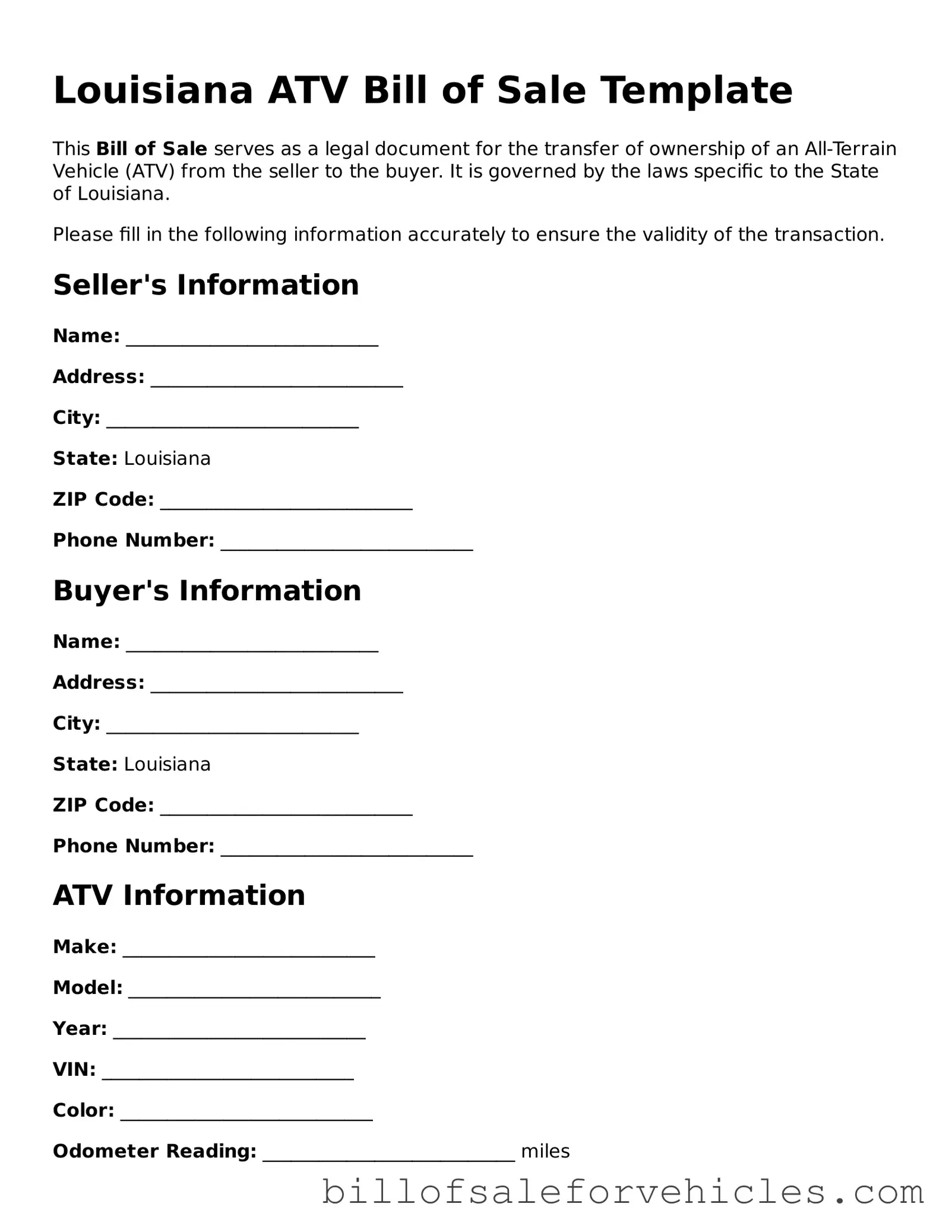 Valid Louisiana ATV Bill of Sale Template