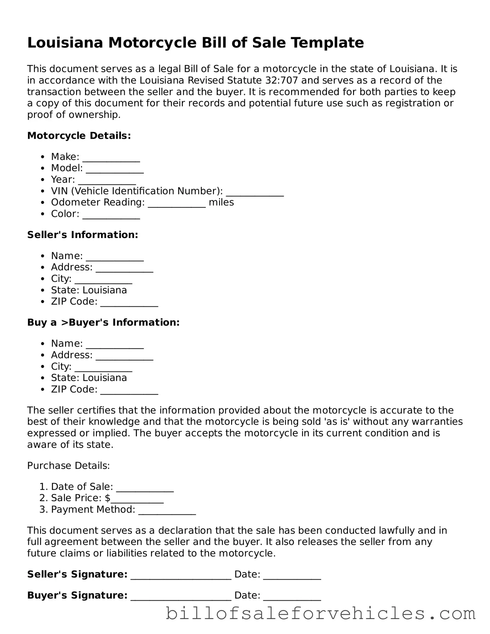 Valid Louisiana Motorcycle Bill of Sale Template