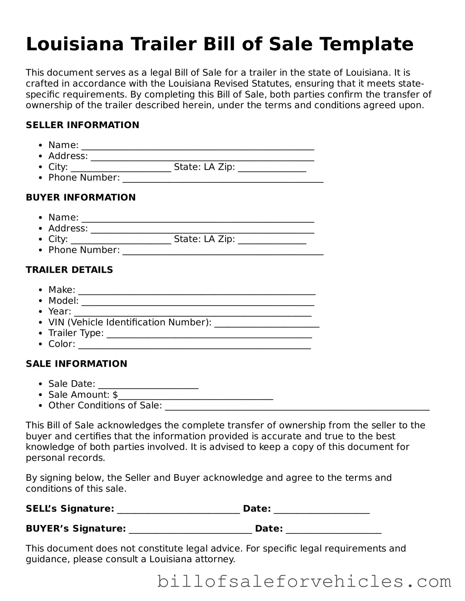 Valid Louisiana Trailer Bill of Sale Template