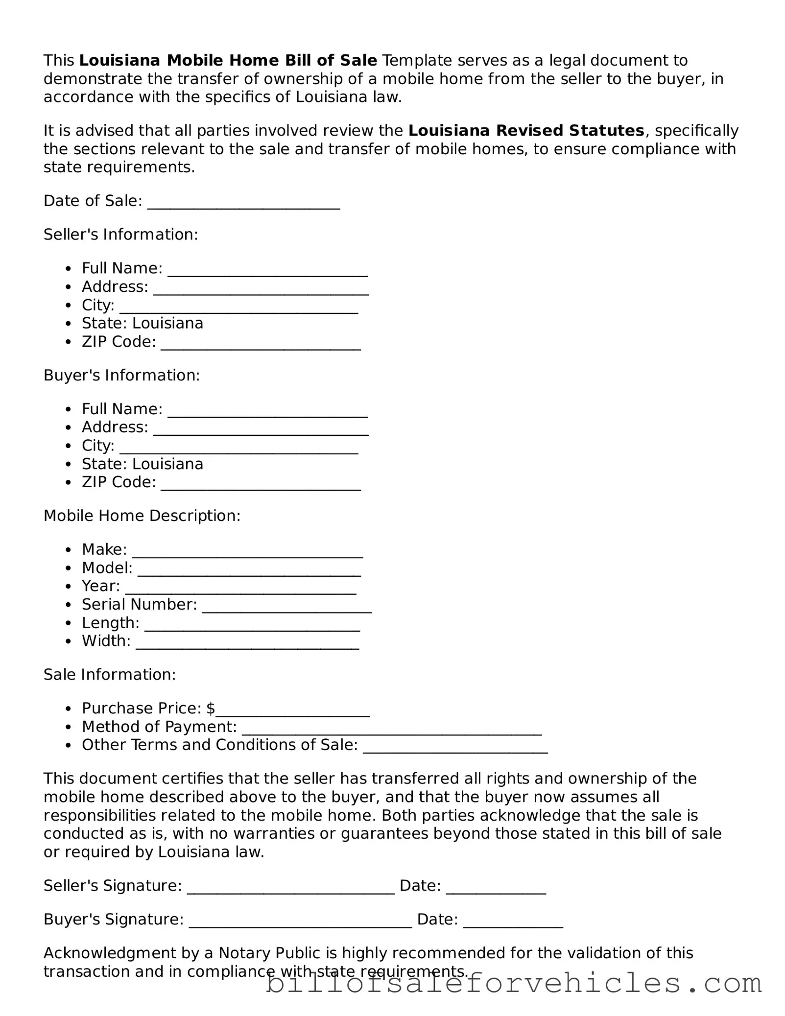 Valid Louisiana Mobile Home Bill of Sale Template