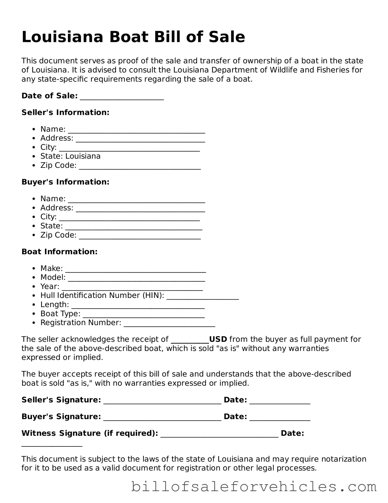 Valid Louisiana Boat Bill of Sale Template
