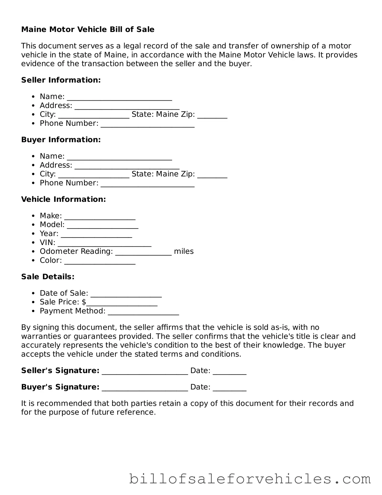 Valid Maine Motor Vehicle Bill of Sale Template