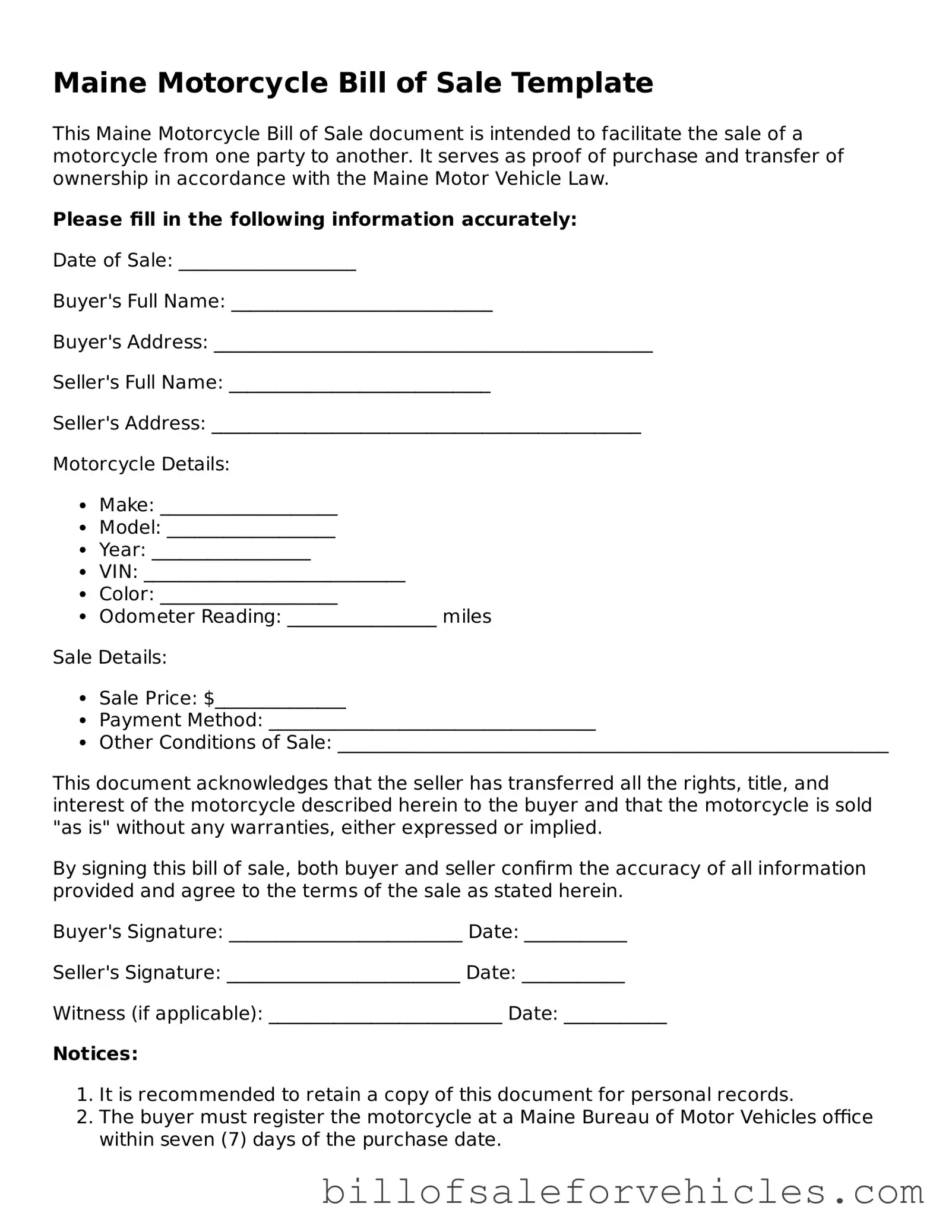 Valid Maine Motorcycle Bill of Sale Template