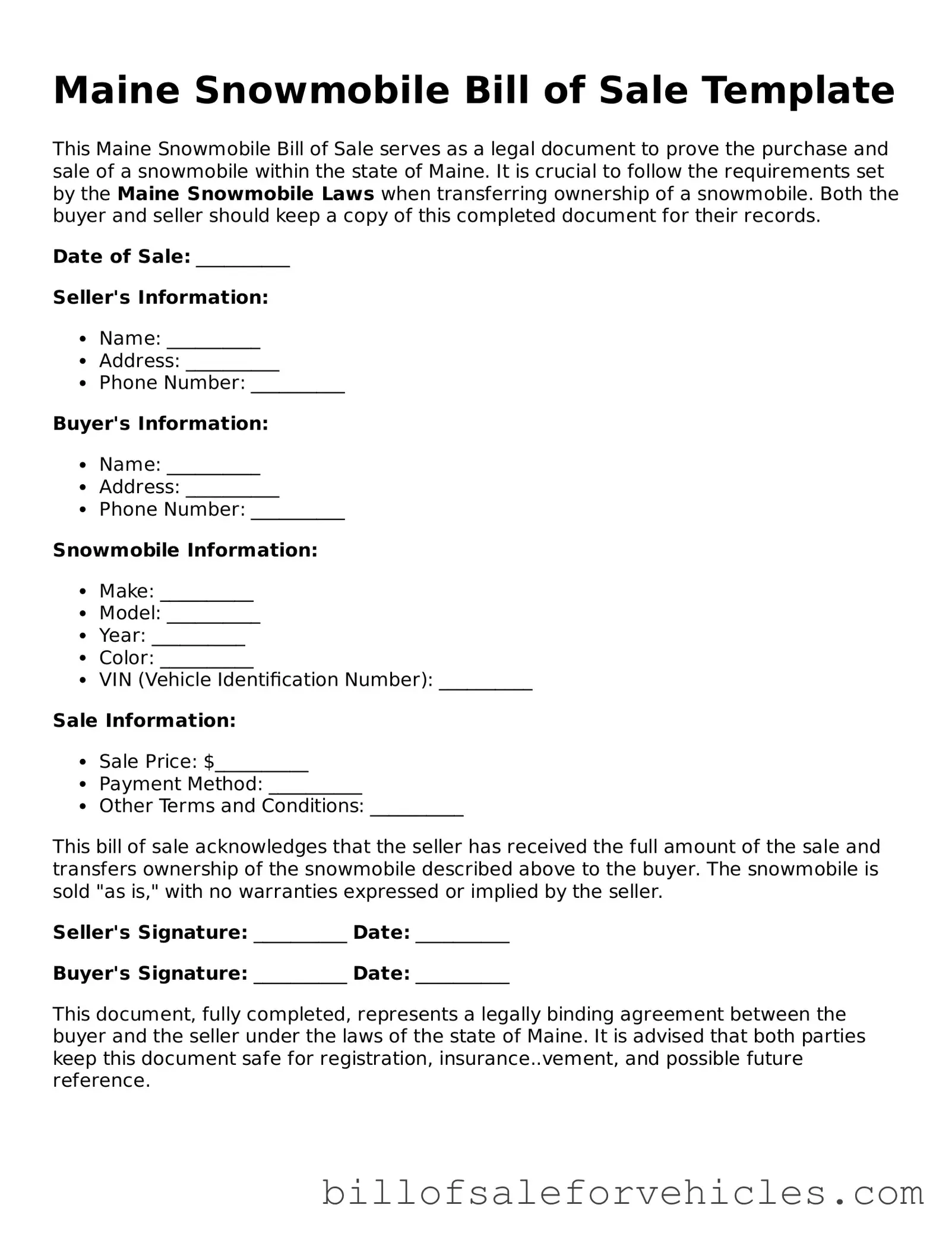 Valid Maine Snowmobile Bill of Sale Template