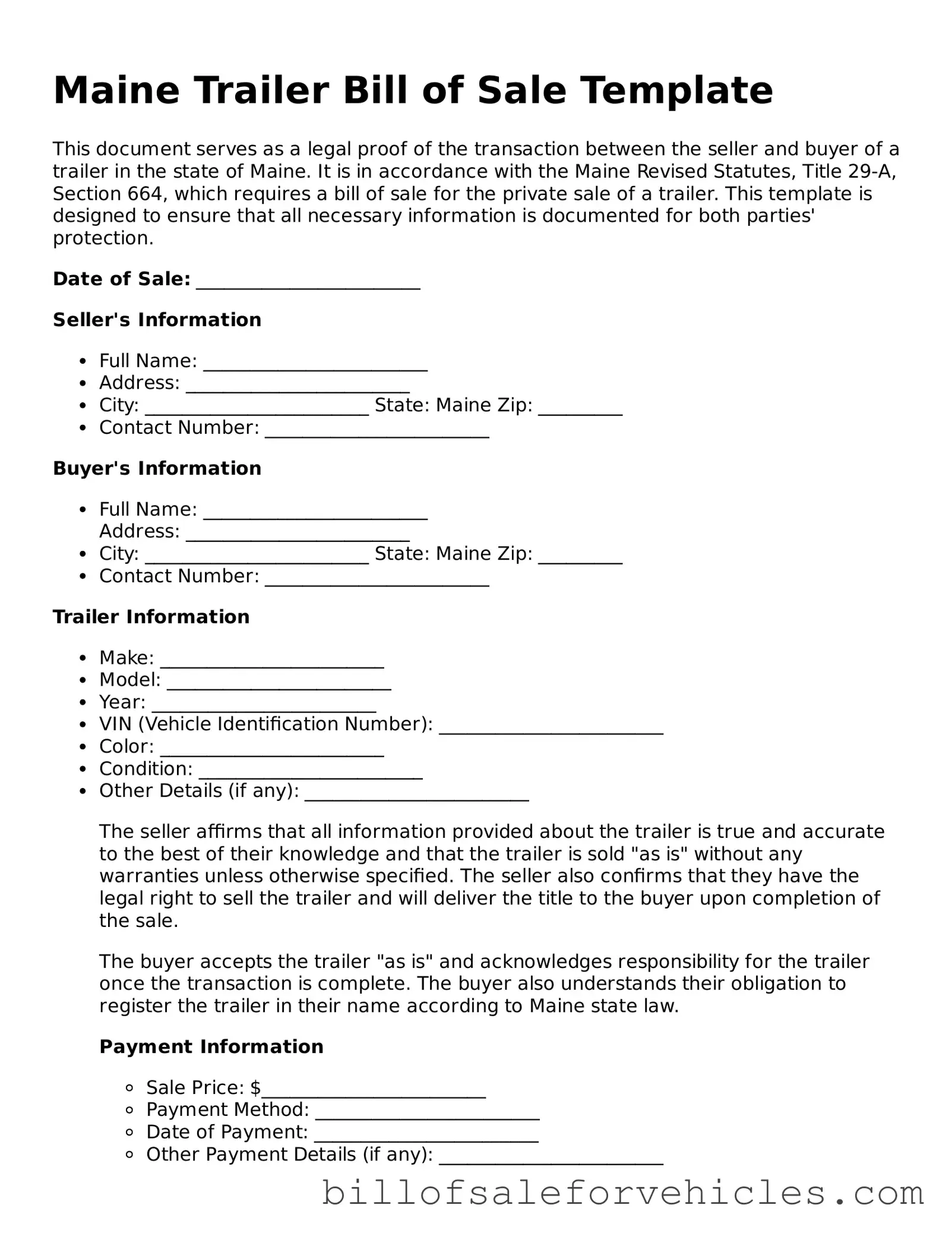 Valid Maine Trailer Bill of Sale Template
