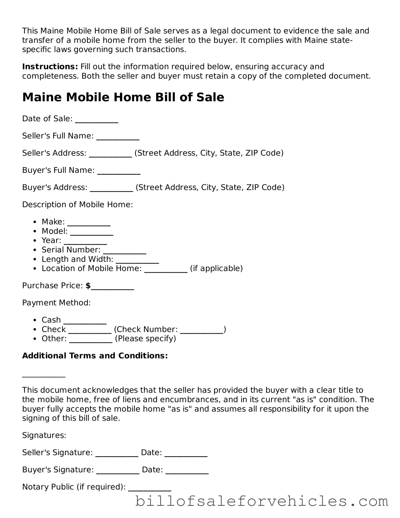 Valid Maine Mobile Home Bill of Sale Template