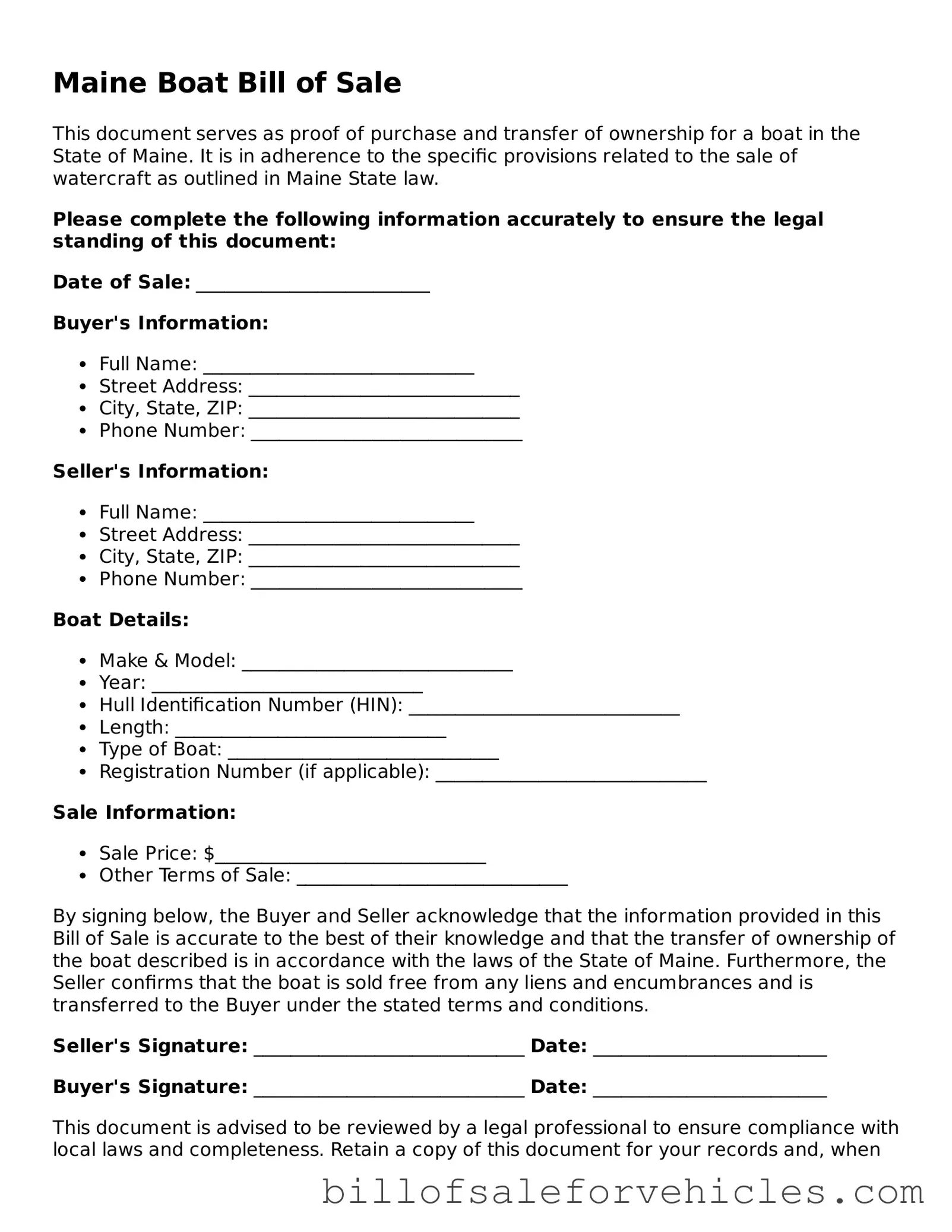 Valid Maine Boat Bill of Sale Template