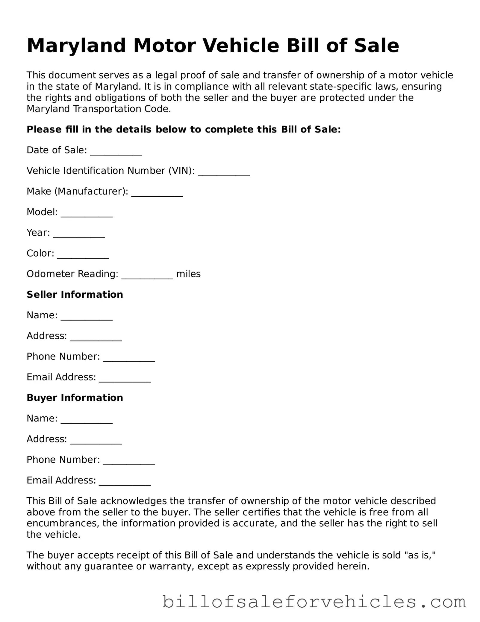 Valid Maryland Motor Vehicle Bill of Sale Template