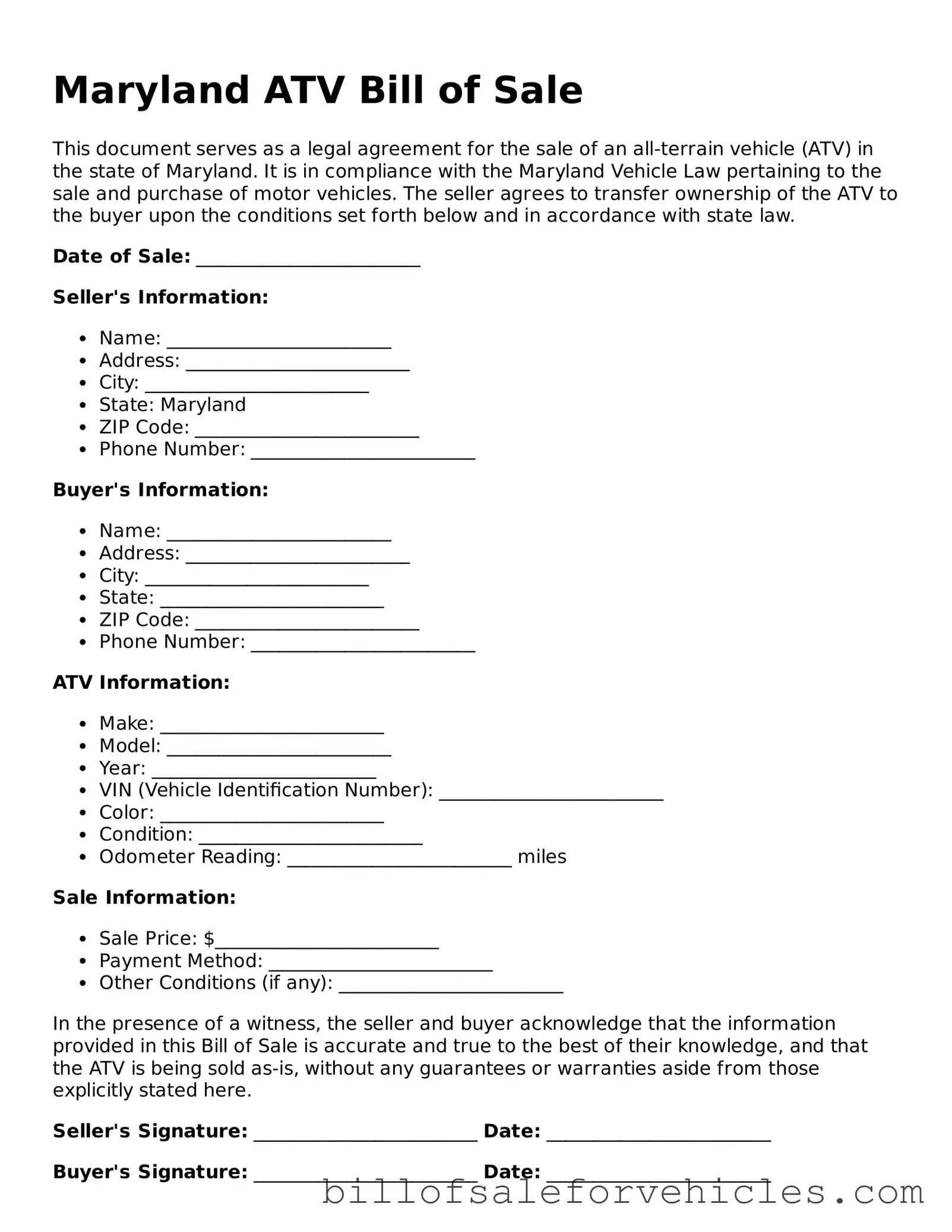 Valid Maryland ATV Bill of Sale Template