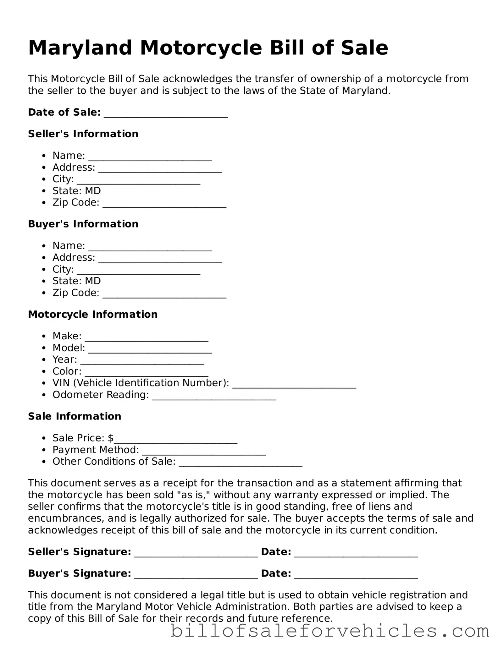 Valid Maryland Motorcycle Bill of Sale Template