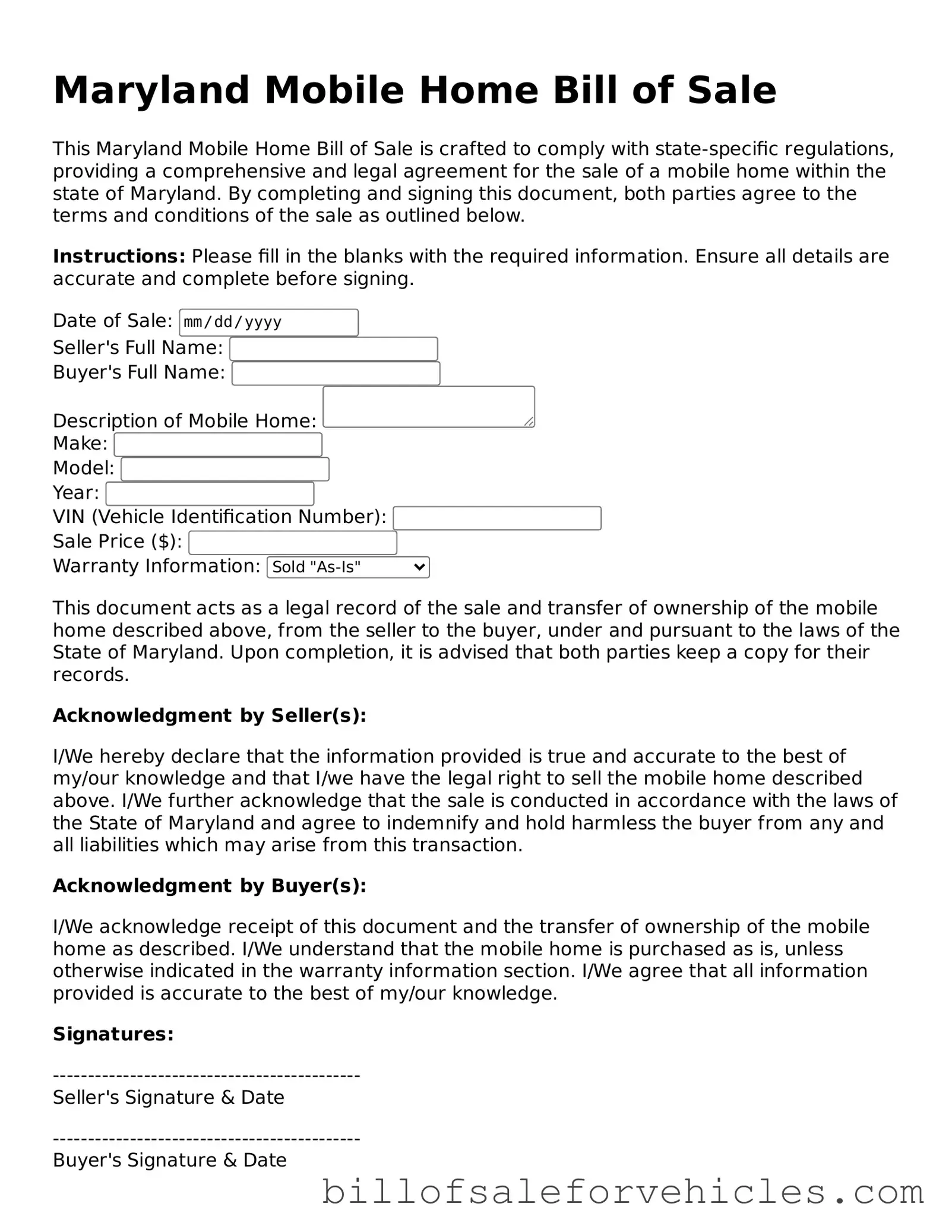 Valid Maryland Mobile Home Bill of Sale Template