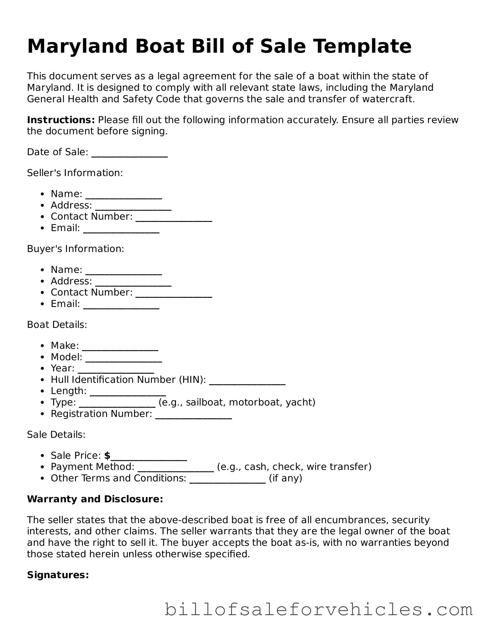 Valid Maryland Boat Bill of Sale Template