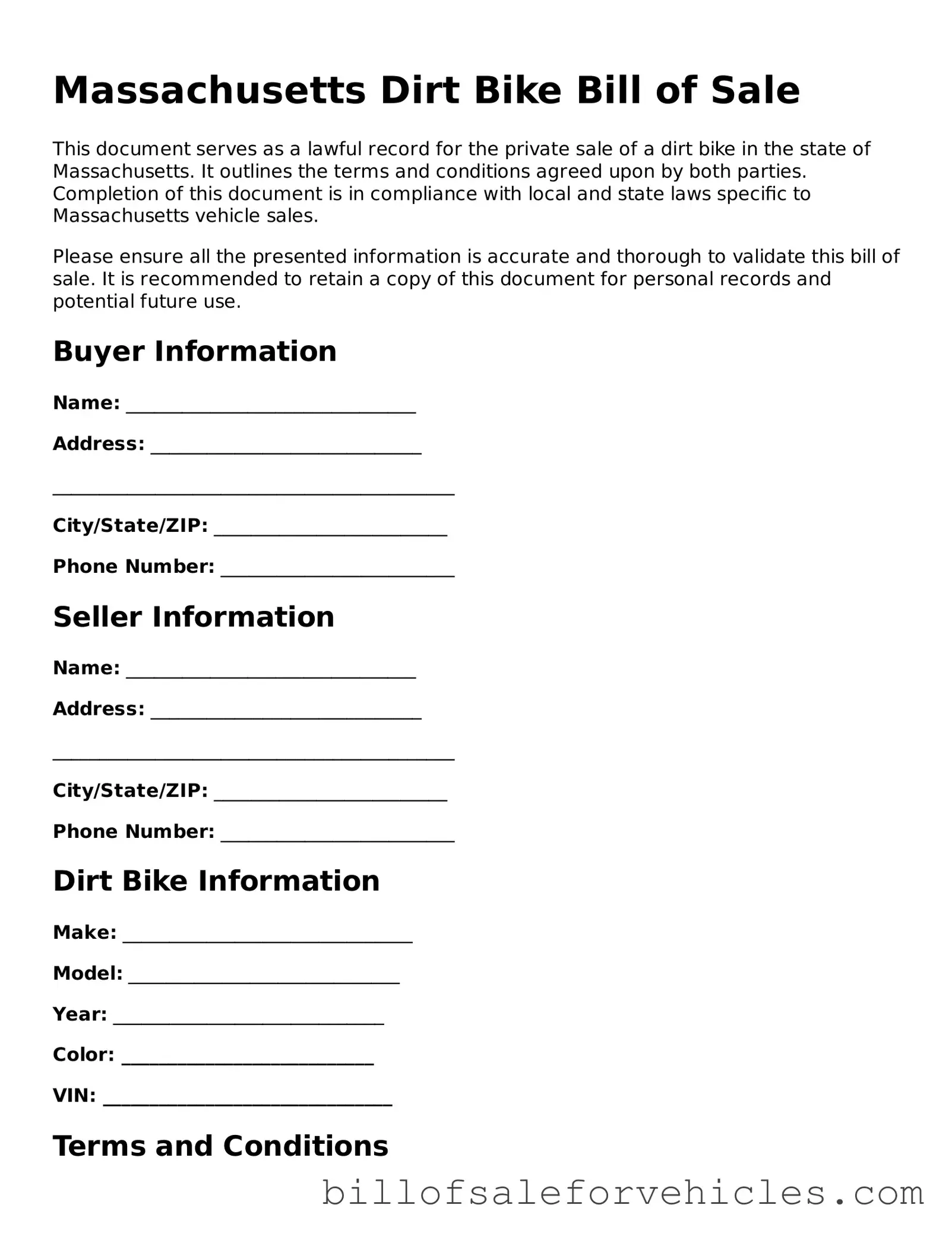 Valid Massachusetts Dirt Bike Bill of Sale Template