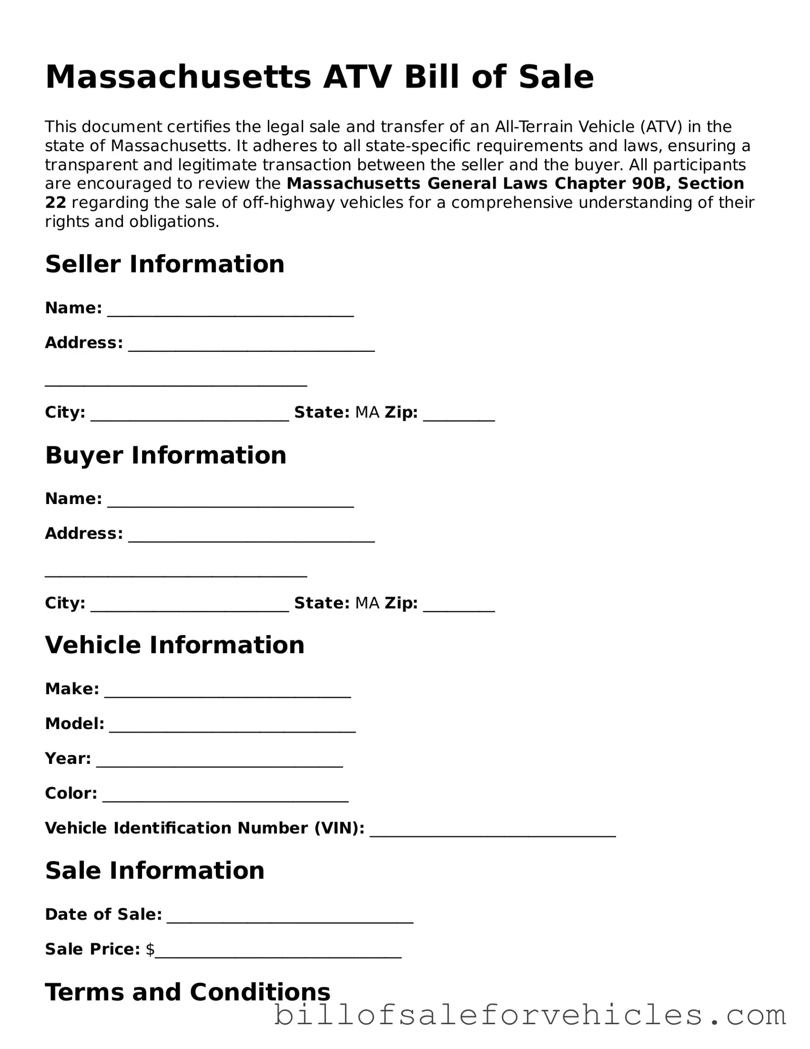 Valid Massachusetts ATV Bill of Sale Template