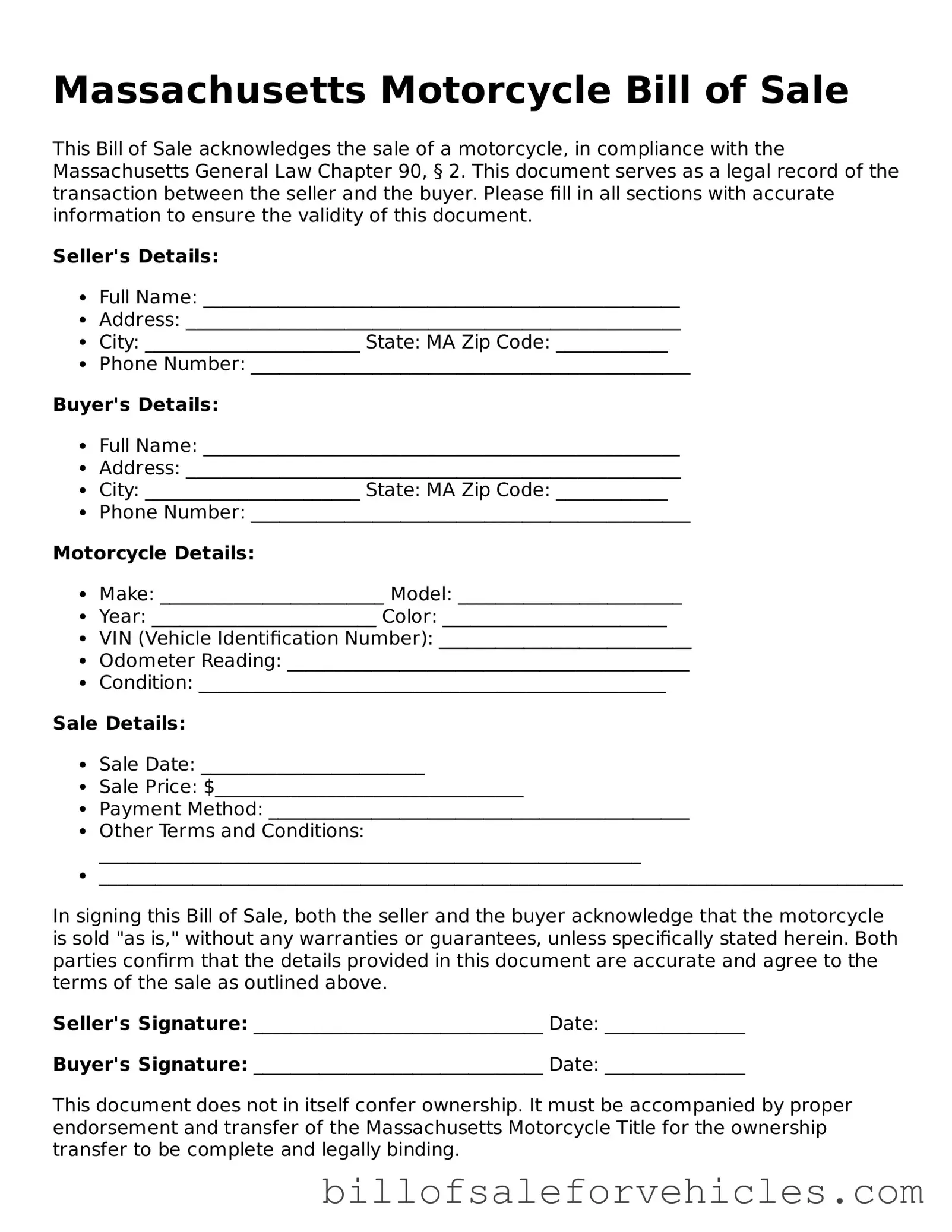 Valid Massachusetts Motorcycle Bill of Sale Template
