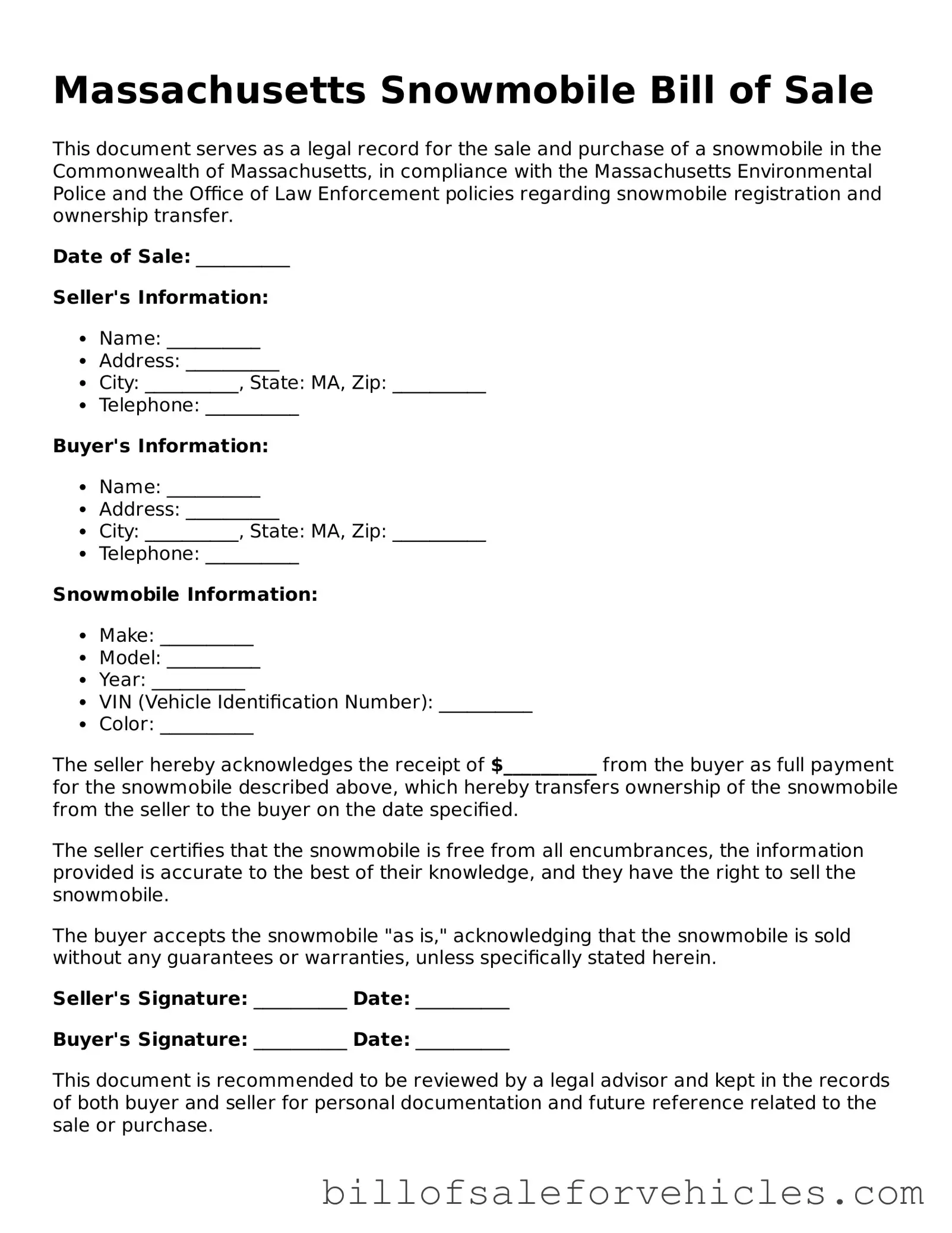 Valid Massachusetts Snowmobile Bill of Sale Template