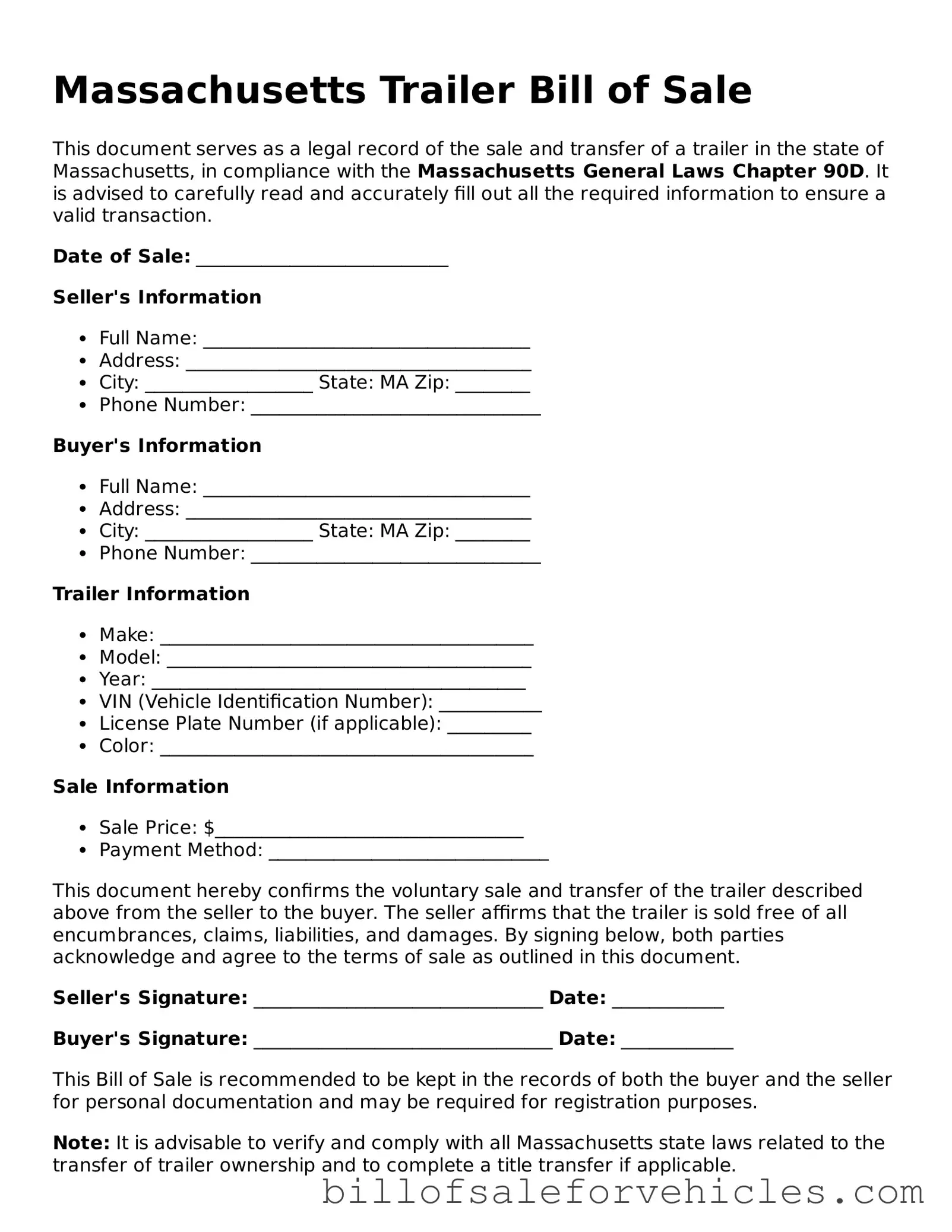 Valid Massachusetts Trailer Bill of Sale Template