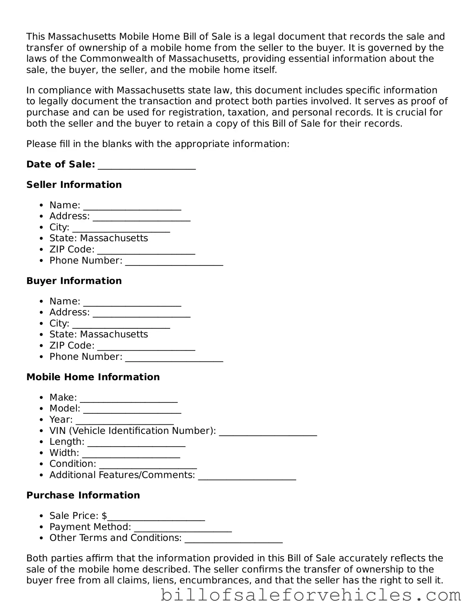 Valid Massachusetts Mobile Home Bill of Sale Template