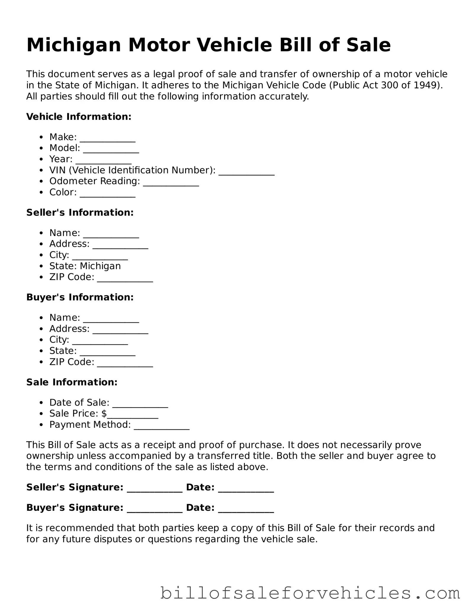 Valid Michigan Motor Vehicle Bill of Sale Template