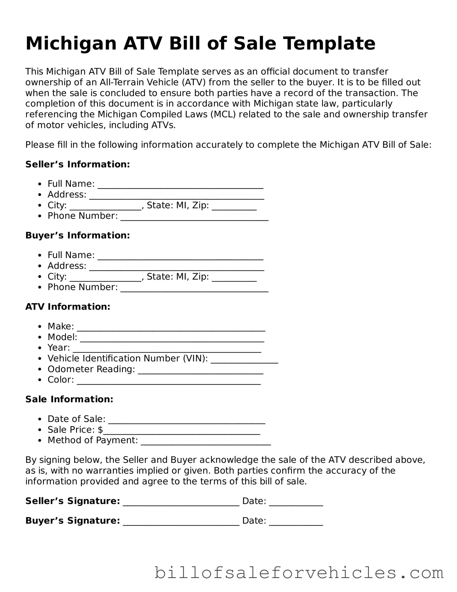 Valid Michigan ATV Bill of Sale Template